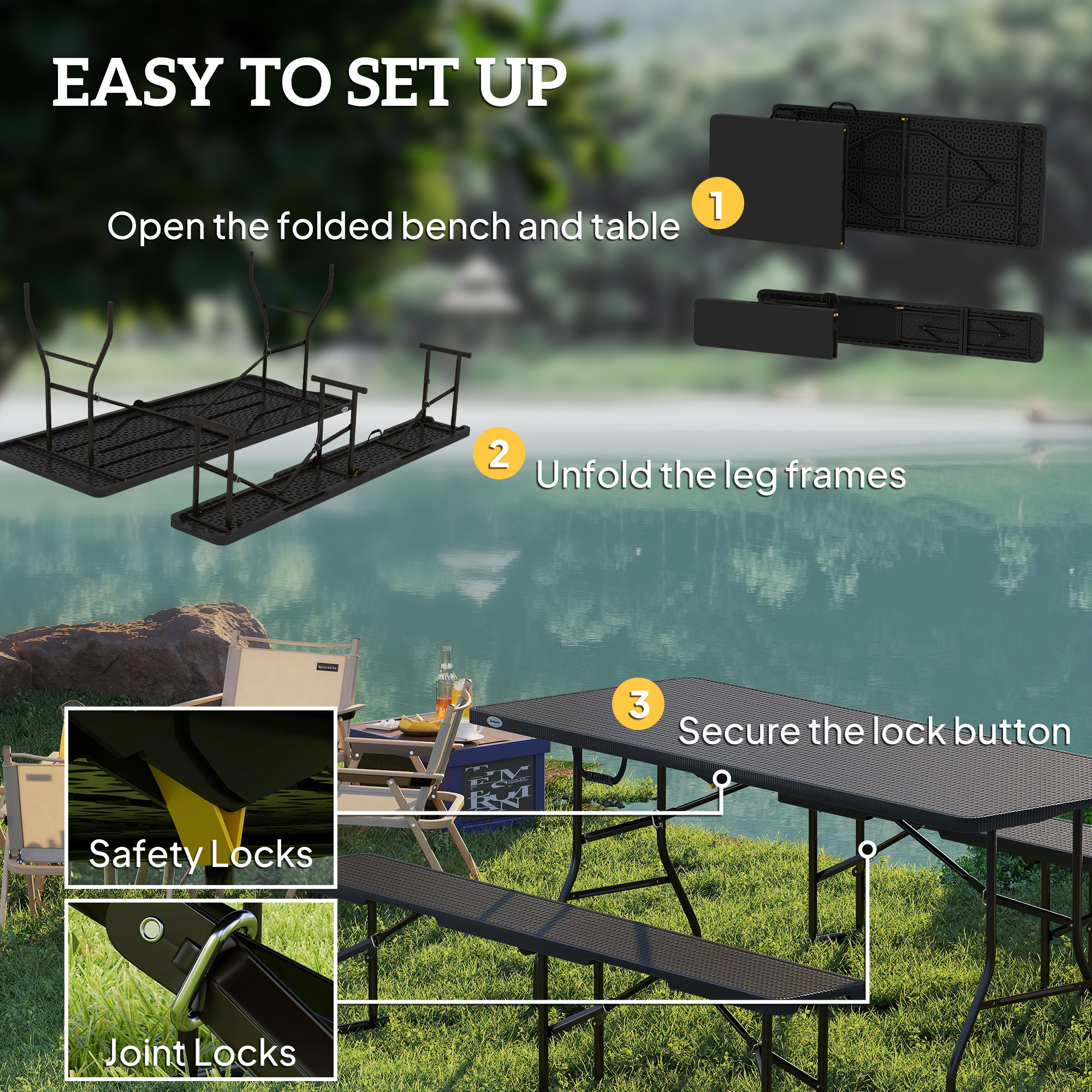 6FT 3PCS Faux Rattan Outdoor Camping Table Bench Set with Carrying Handles, Folding Picnic Table with 2 Benches, Black - Image 5