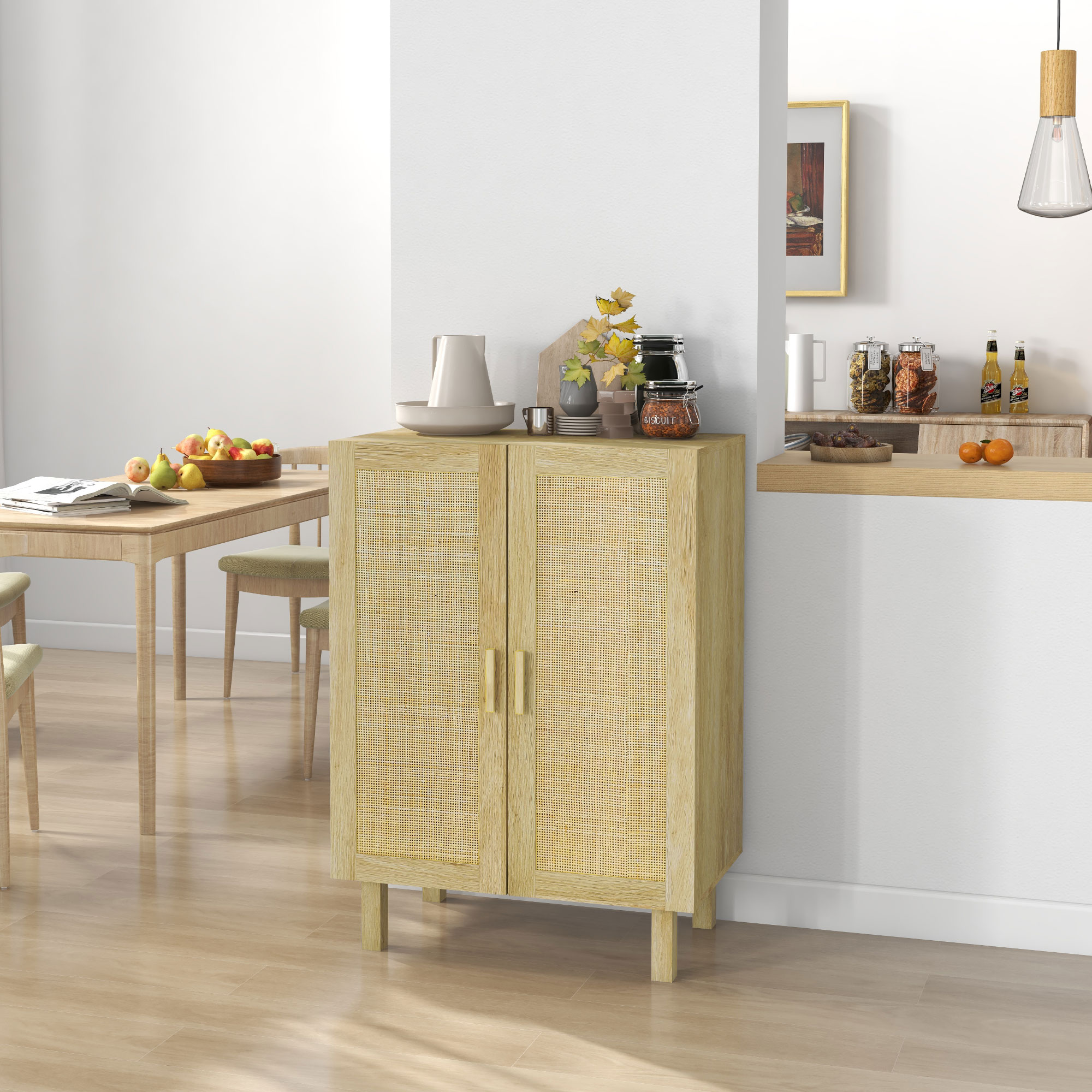 Boho Sideboard, Buffet Cabinet with Storage, Accent Cabinet with 2 Rattan Doors and Adjustable Shelves, Natural - Image 6