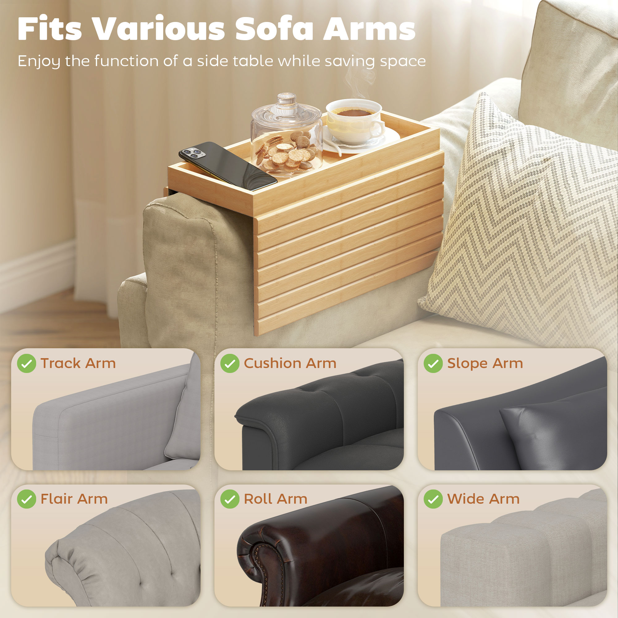 Bamboo Couch Arm Tray, Sofa Armrest Tray with Flexible Roll-up Design and Wide Compartment, Natural - Image 2