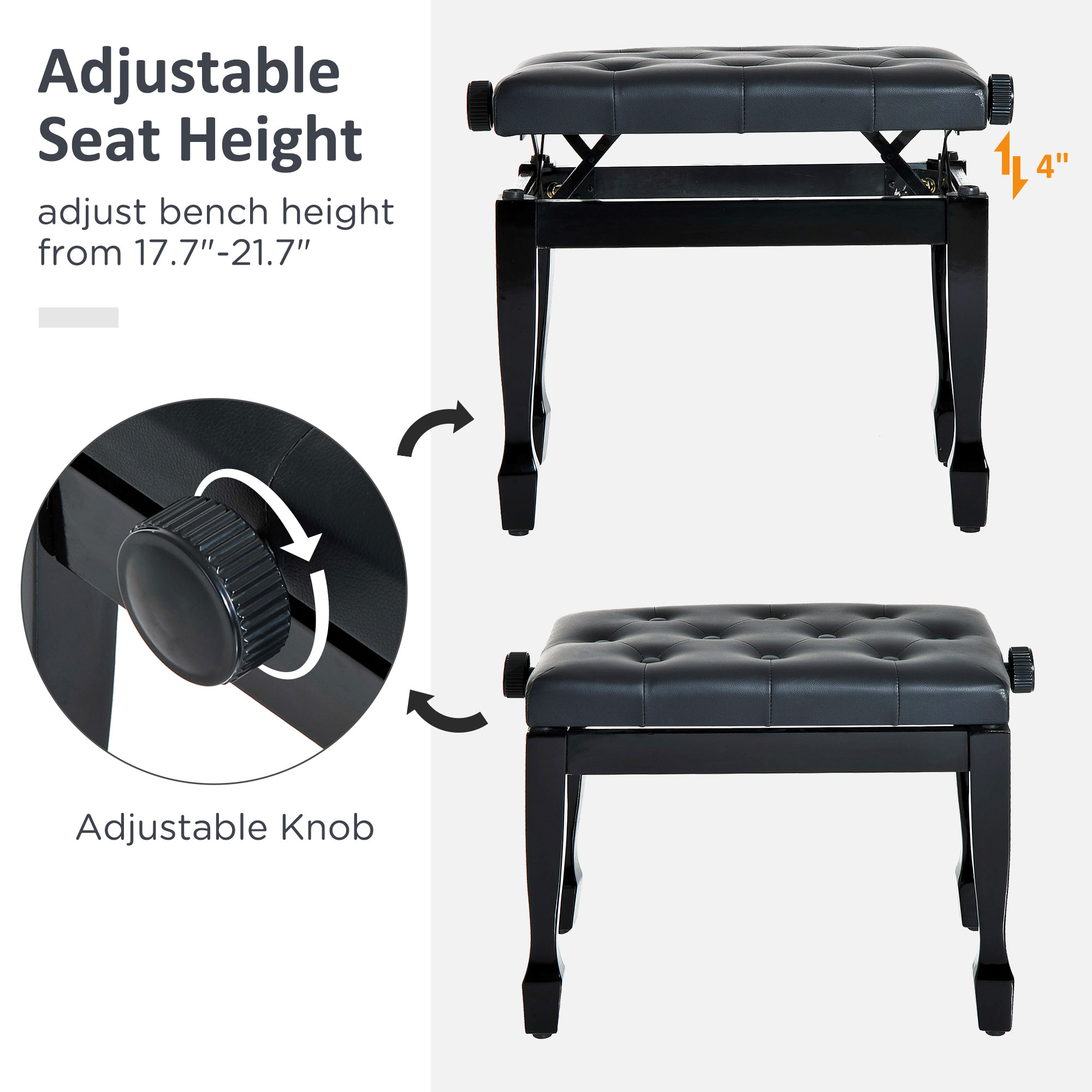 25" Adjustable Height Piano Bench with Padded Cushion, Keyboard Seat with Solid Wood Legs, Black - Image 2
