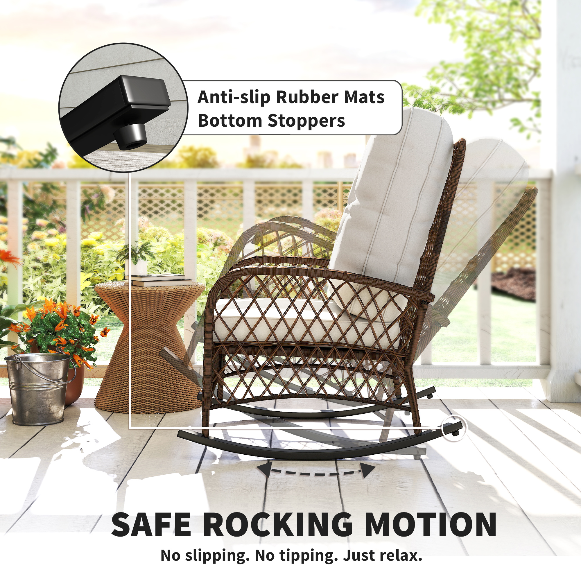 Outdoor Wicker Rattan Rocking Chair Patio Rocker with Thick Cushions for Garden Backyard Porch, Light Mixed Brown - Image 2