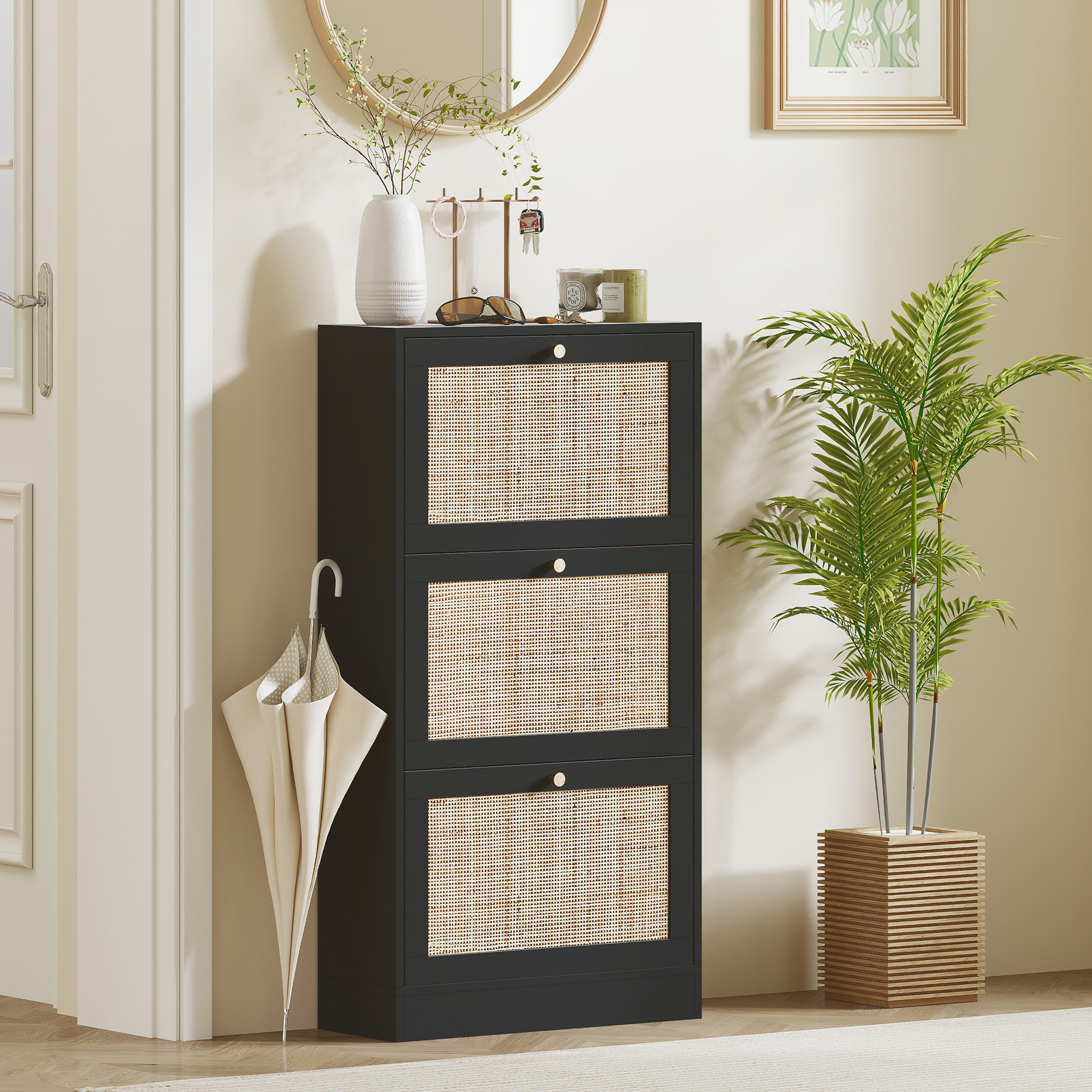 Rattan Shoe Storage Cabinet with 3 Flip Drawers and Adjustable Shelves, Entryway Shoe Cabinet for 18 Pairs, Black - Image 6