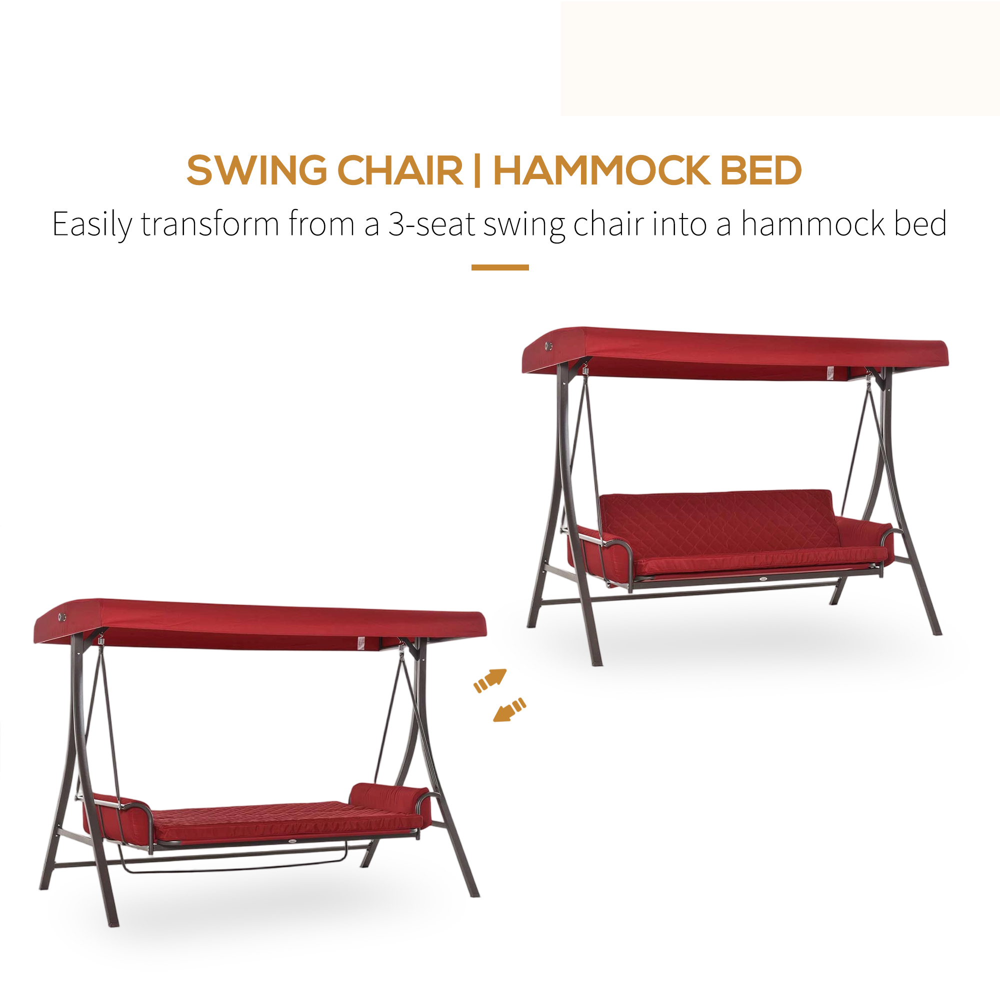 3 Person Porch Swing Bed, 2-in-1 Convertible Outdoor Patio Swing Chair Bench Hammock with Adjustable Canopy, Cushions, Pillows for Porch and Backyard, Red - Image 2