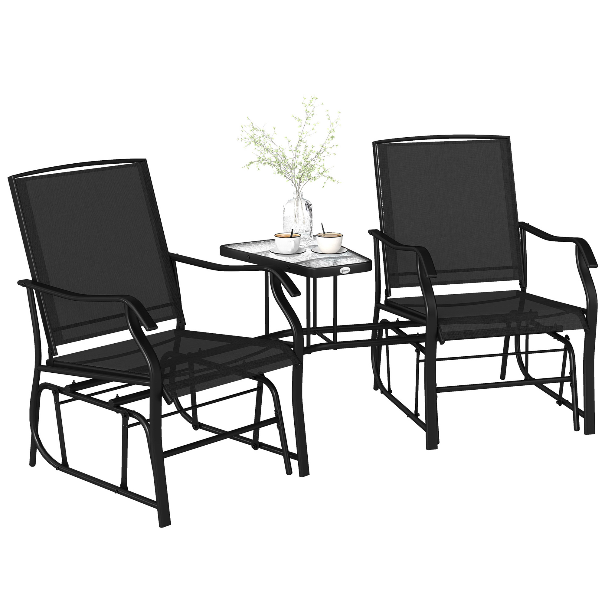 Double Patio Glider Chair with Glass Top Center Table, Outdoor Glider Loveseat with High Back, All Weather Breathable Mesh Fabric for Garden, Backyard, Deck, Black