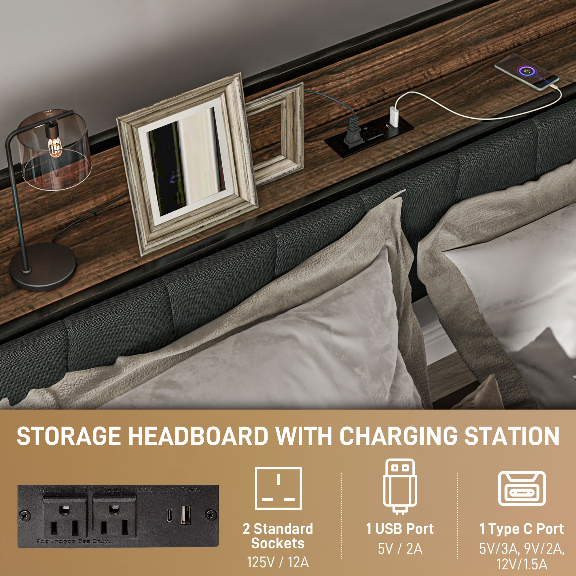 Queen Size Bed Frame with Charging Station, Queen Bed Frame with Upholstered Headboard and Storage Shelf, Walnut - Image 2