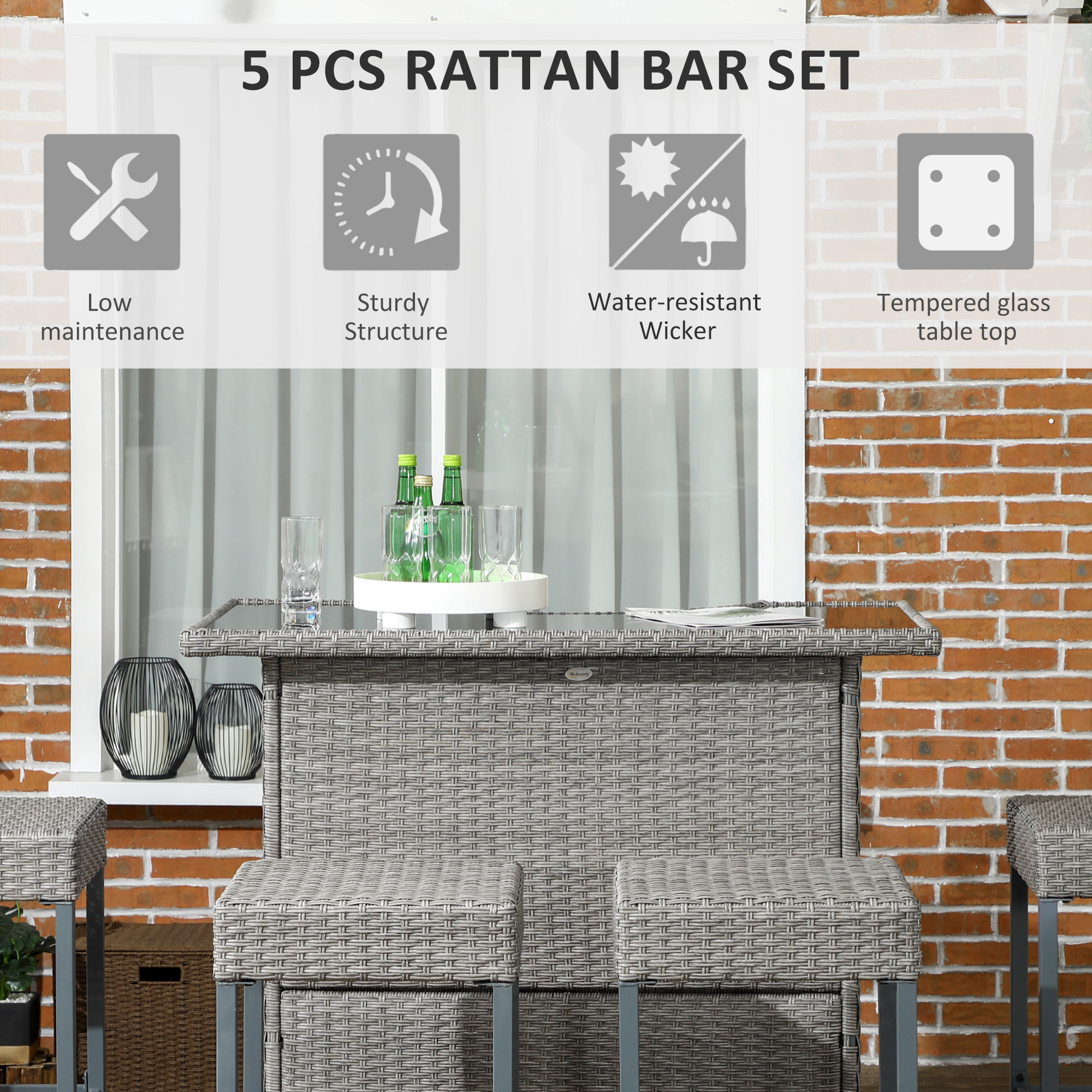 5 Pieces Patio Bar Set, Outdoor PE Rattan Wicker High Top Outdoor Table and Chairs Outdoor Bar Set with Tempered Glass Top Bar Table and Shelves, 4 Bar Chairs, Grey - Image 2