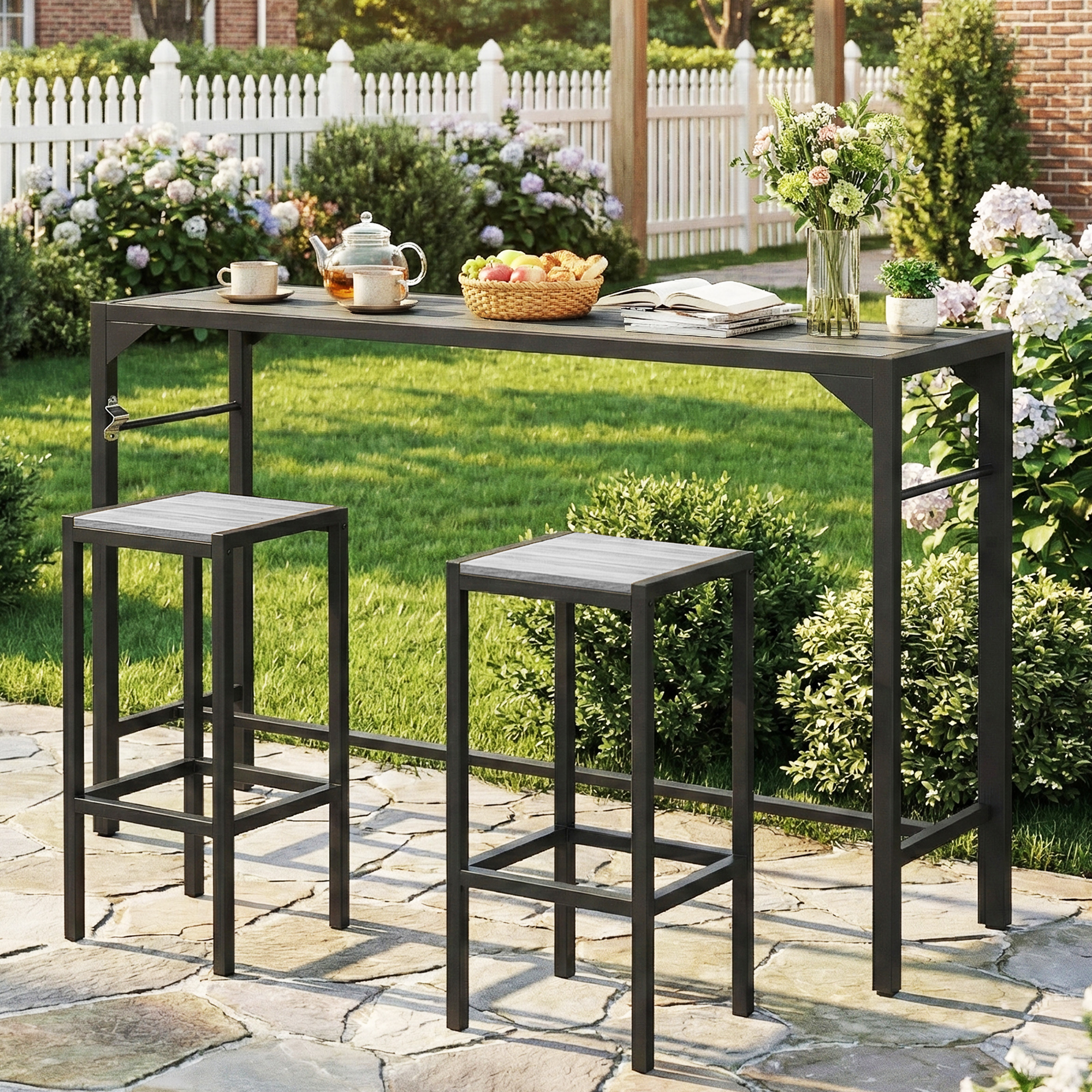 Bar Height Outdoor Table with Built-In Bottle Opener, Patio Bar Table with Wood Grain Plastic Top, 55" x 15" x 39" - Image 6