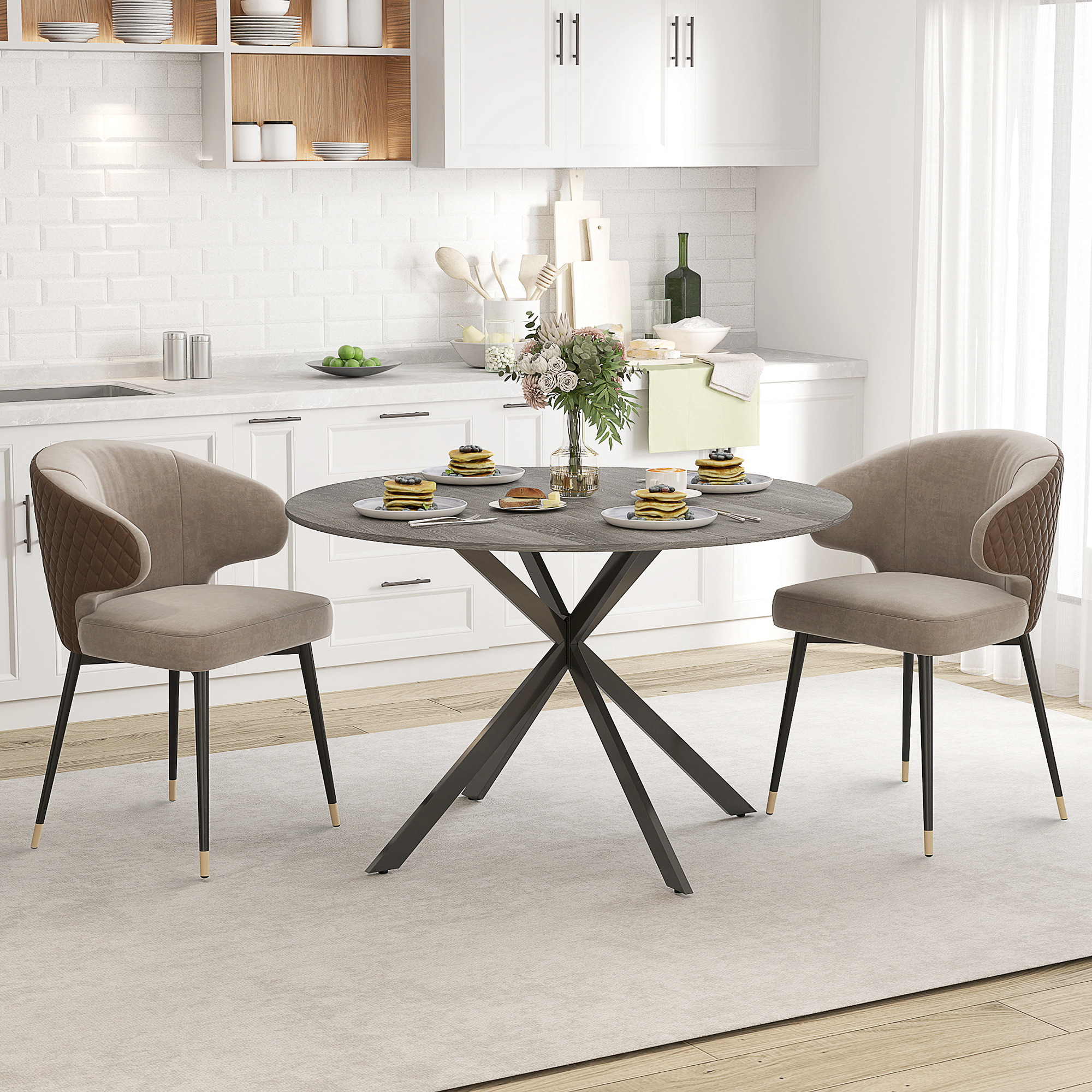 47" Round Kitchen Table for 4, Industrial Dining Table with Steel Legs for Dining Room, Grey Wood Grain and Black - Image 6