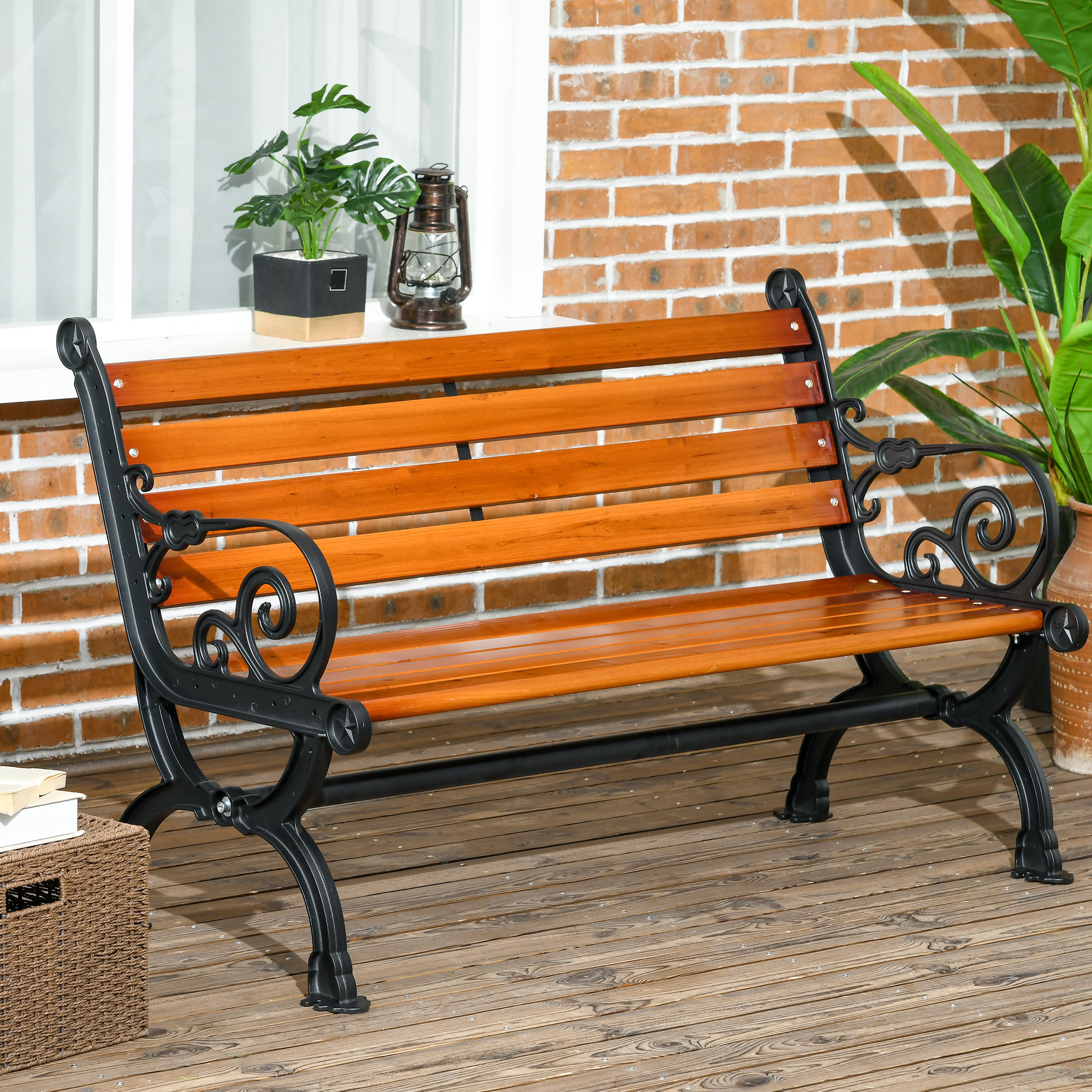 47 Inch Outdoor Garden Bench, Patio Loveseat with Unique Armrests, Slatted Seat Back, 528 lbs. Capacity, Teak Colour - Image 6