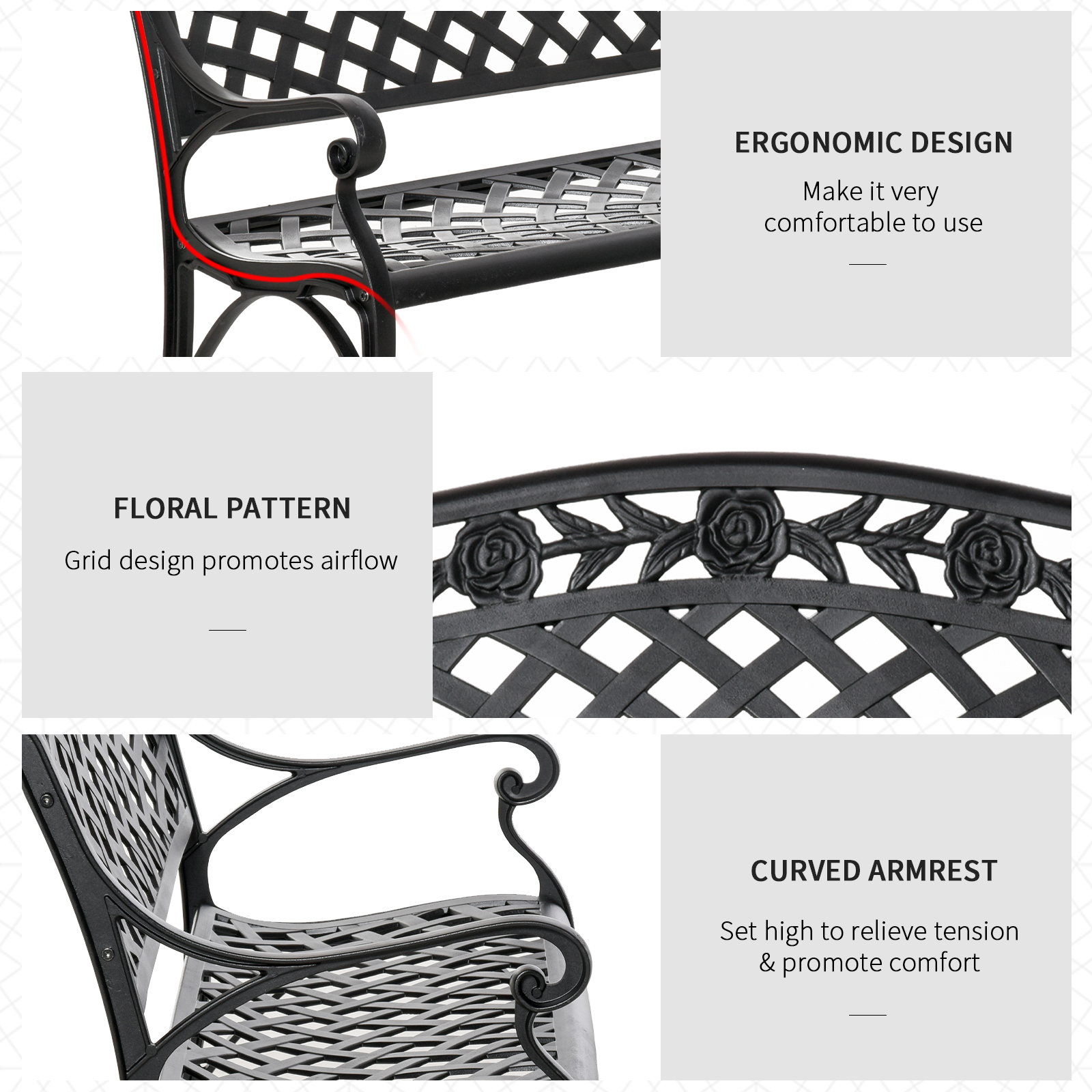 Outdoor Garden Bench, 40" Patio Bench with Aluminum Frame and Armrests, 2-Person Patio Loveseat with Floral Pattern for Park, Porch, Yard, Lawn, 485 LBS Capacity - Image 3