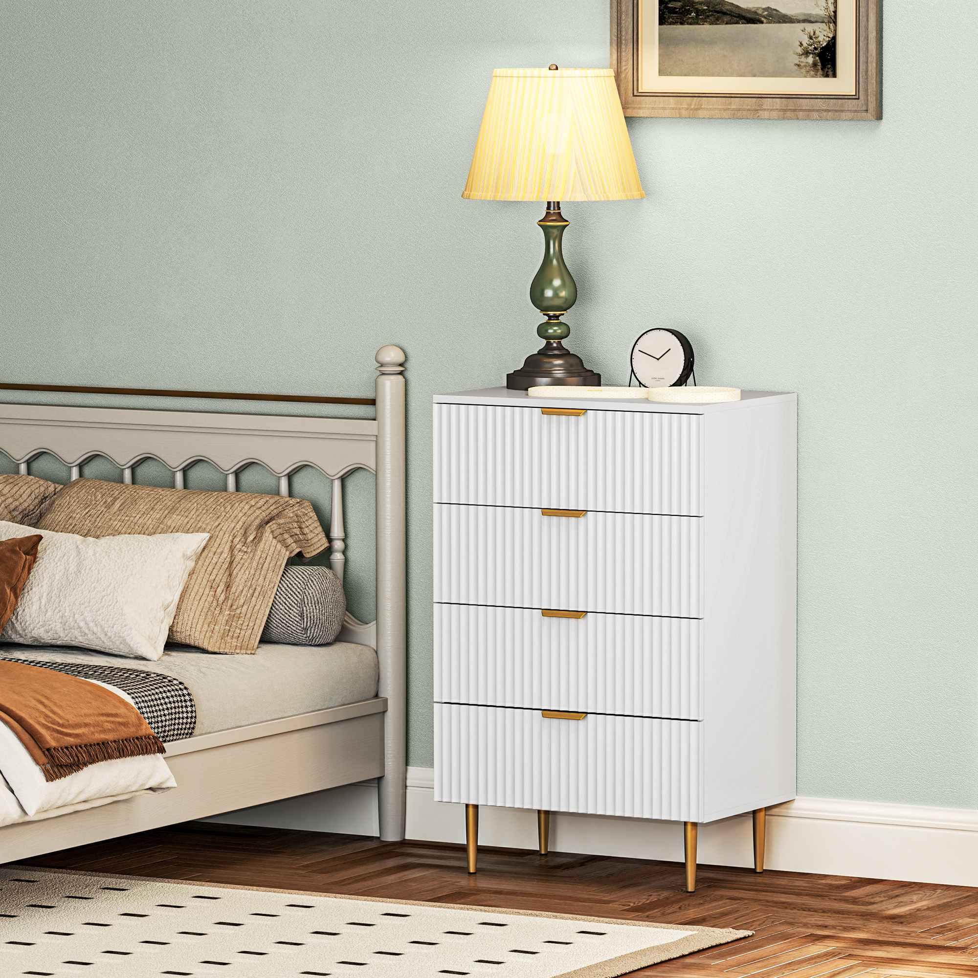 Modern Chest of Drawers 4 Drawer Dresser for Bedroom with Gold Legs and Handles, White - Image 6