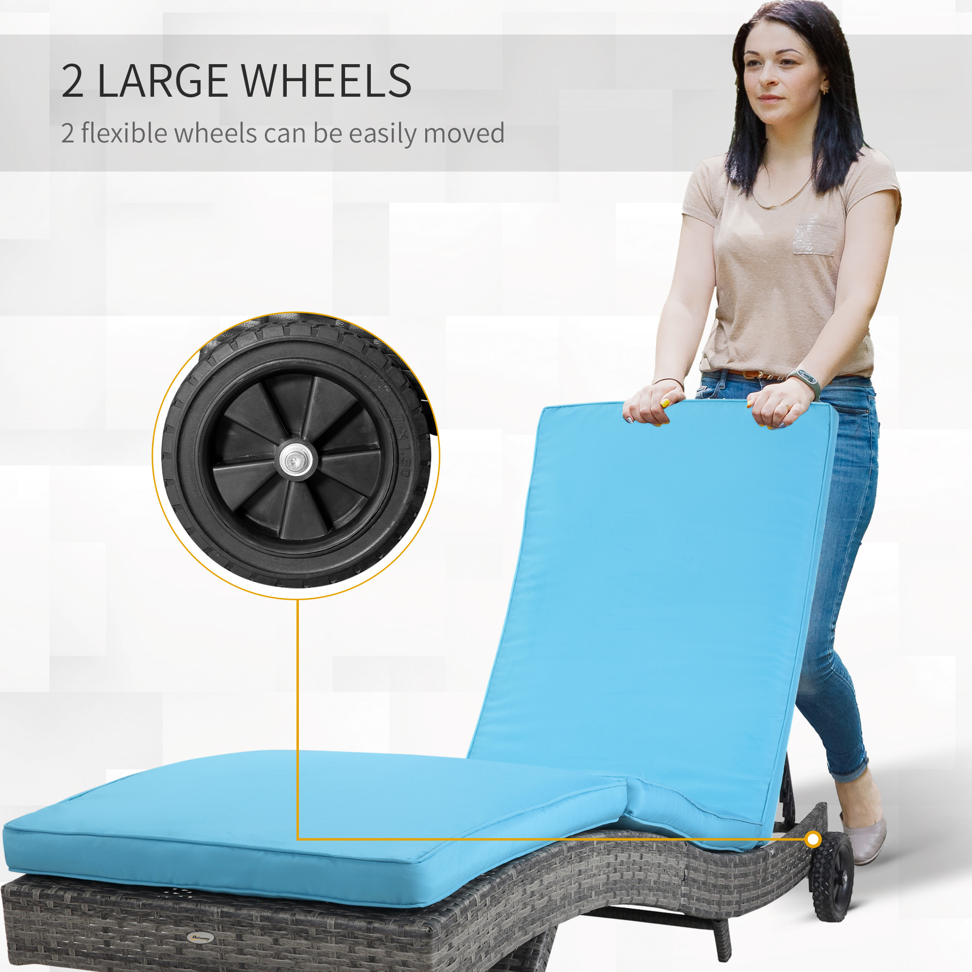 Outdoor Adjustable Wicker Chaise Lounge Chair with Cushion & Wheels for Patio, Deck, Poolside, Sky Blue - Image 2