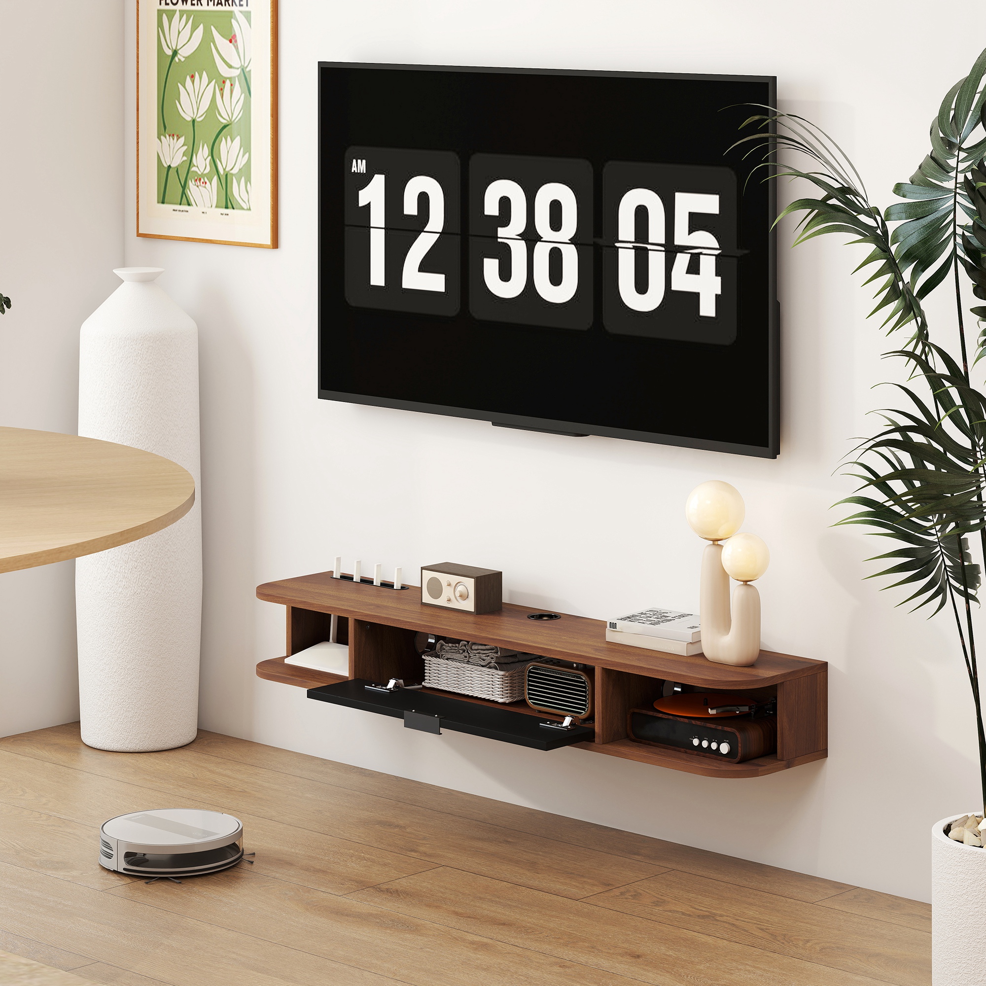 47" Floating TV Stand for TVs up to 50 Inch, Wall Mounted Media Console with Flip Drawer and 2 Open Shelves, Walnut - Image 6