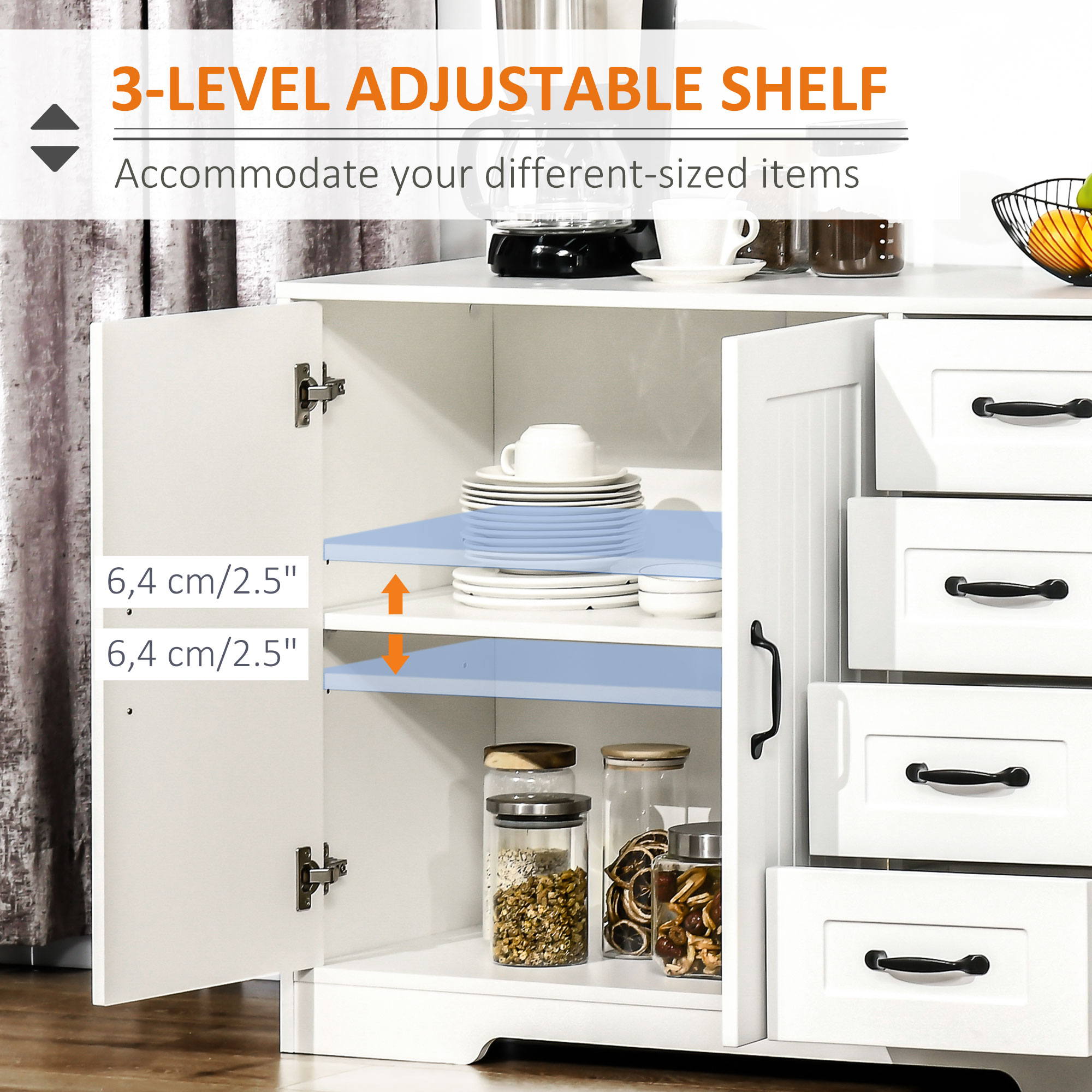 Modern Sideboard Buffet Cabinet with Drawers and Beadboard Door Cupboard Kitchen Storage Cabinet White - Image 3