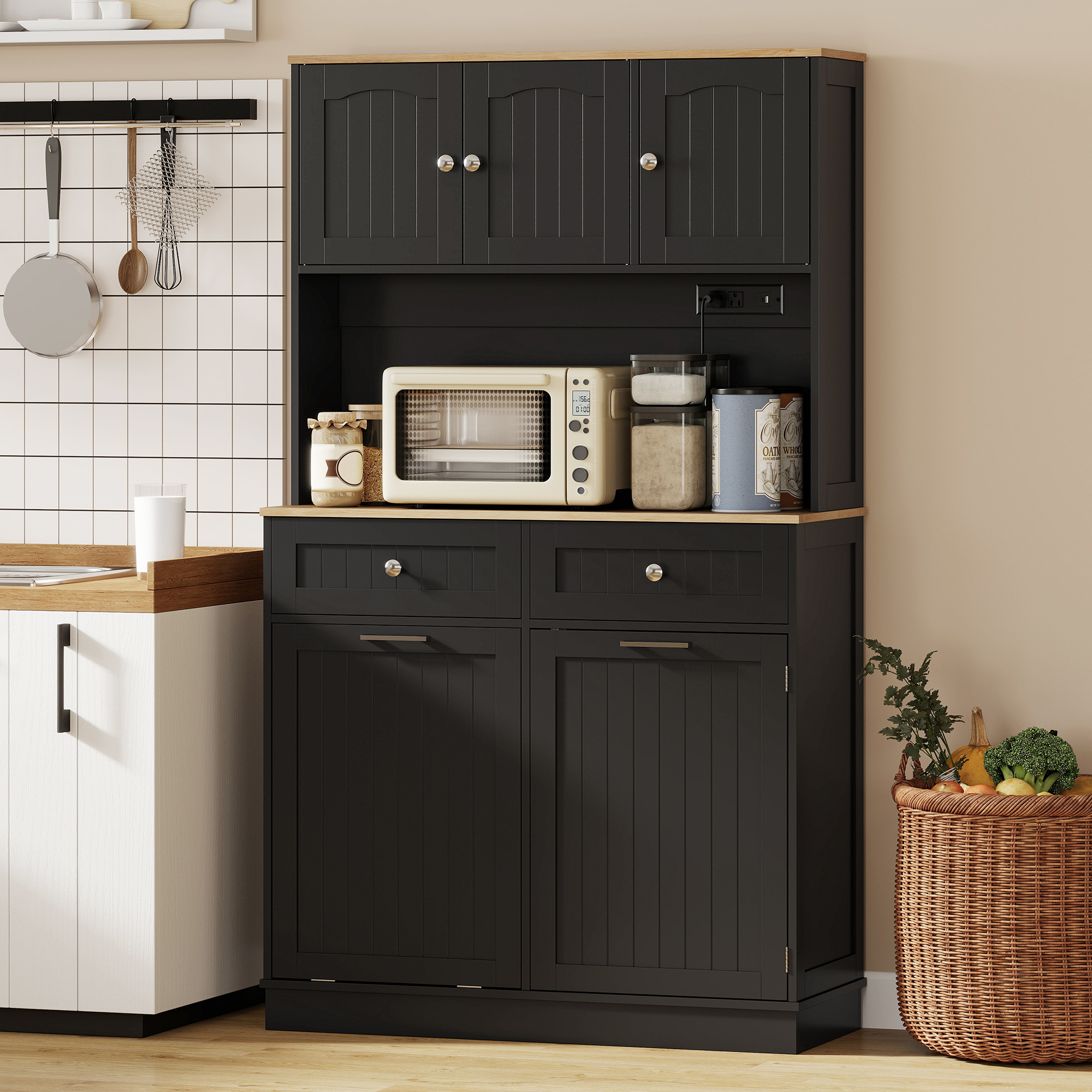 68" Pantry Cabinet with Charging Station, Storage Cabinet with Microwave Stand, 10 Gallon Trash Can Cabinet, Black - Image 6