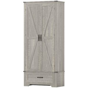 72" Farmhouse Pantry Cabinet with Adjustable Shelves, Kitchen Pantry Cabinet with 2 Doors, Distressed Light Grey