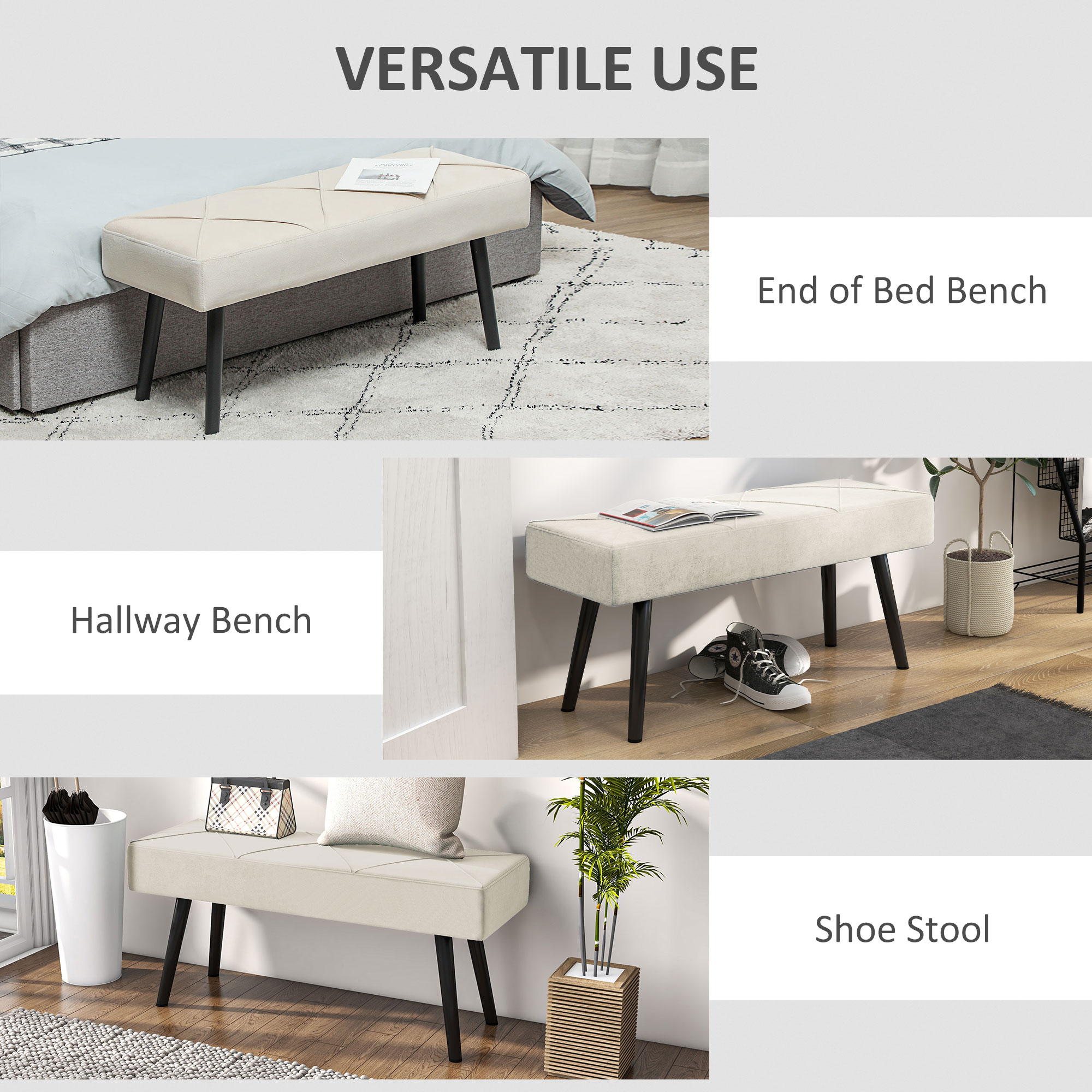39 Inches Upholstered Bedroom Bench, Modern End of Bed Bench with Steel Legs, Cream White - Image 4