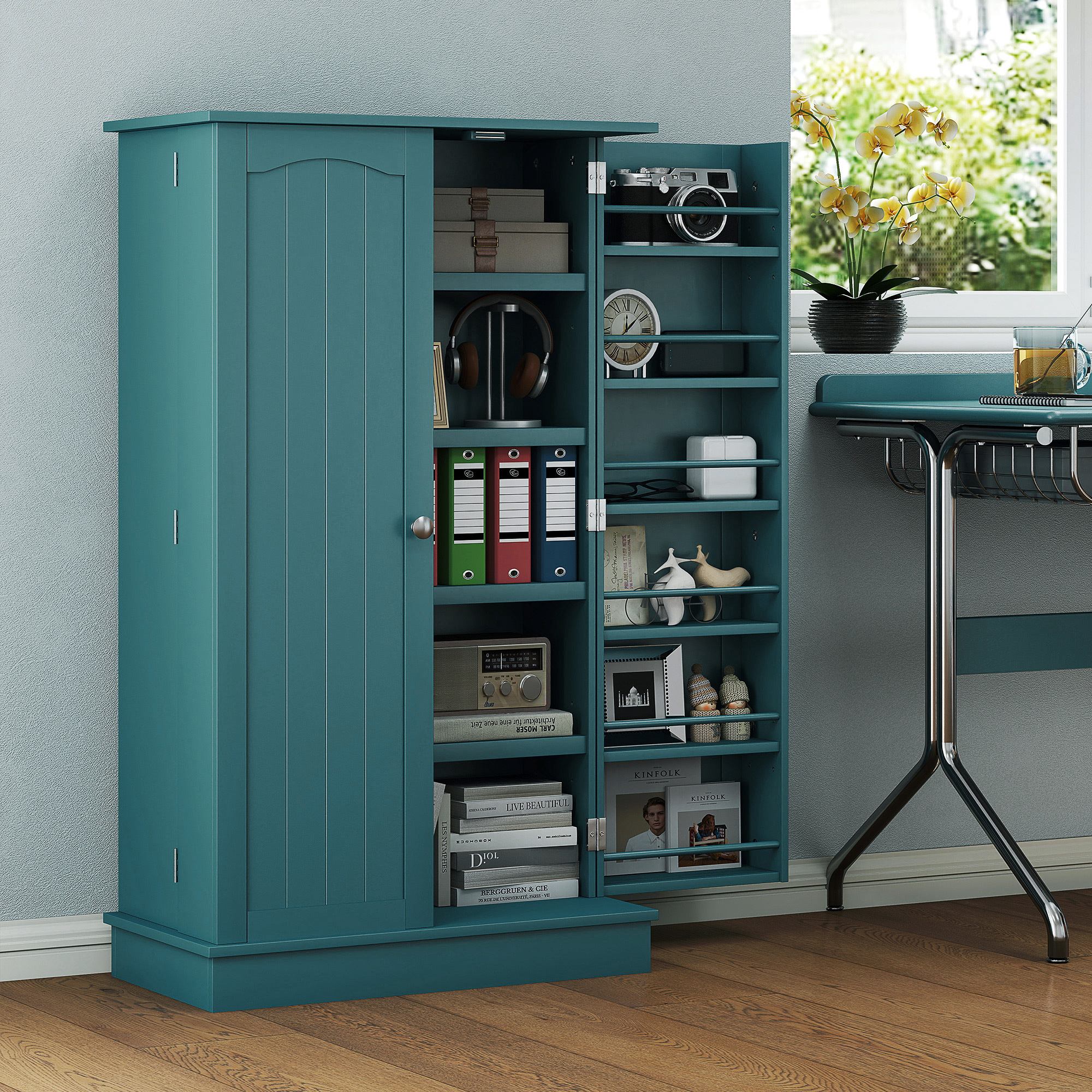 41" Storage Cabinet, 2-Door Kitchen Pantry Cabinet with 5-tier Shelving, 12 Spice Racks, Adjustable Shelves, Teal Blue - Image 6