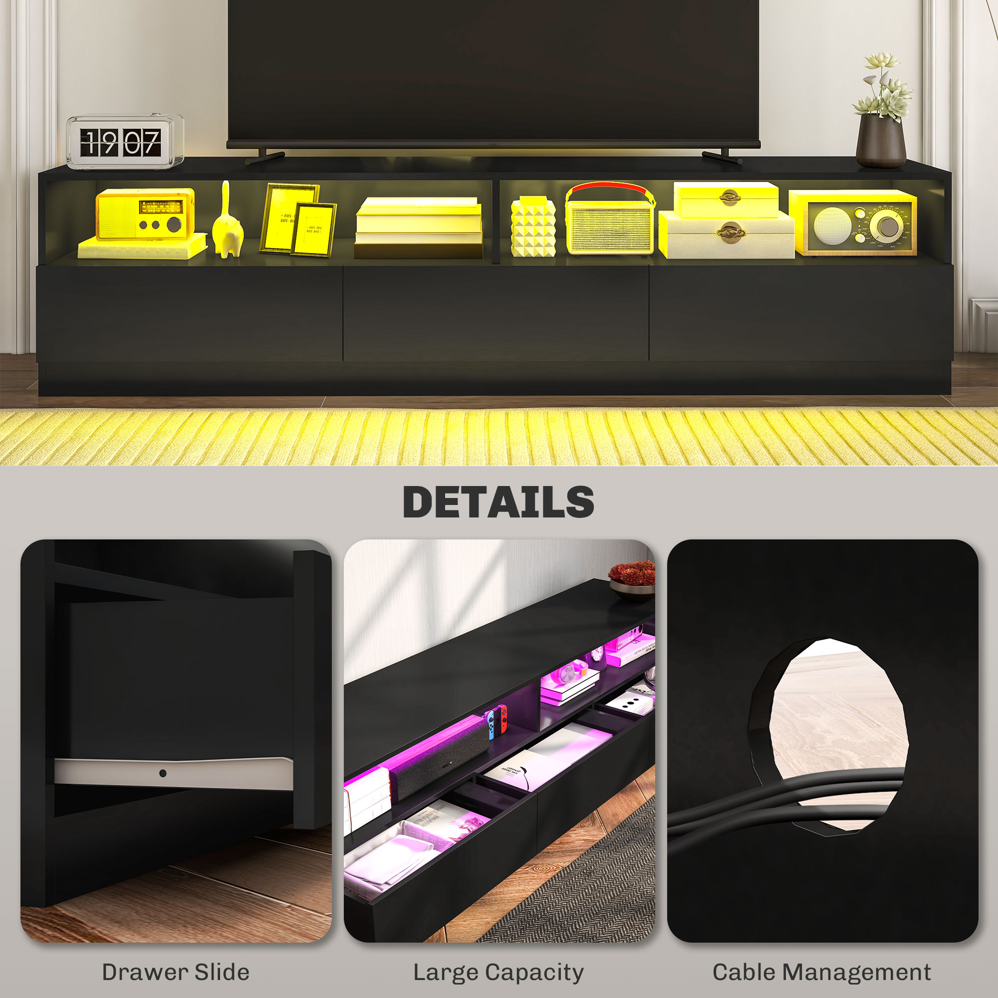 LED Lighted TV Stand for TVs up to 75", Modern TV Cabinet with Storage Drawers for Living Room, High Gloss Black - Image 5