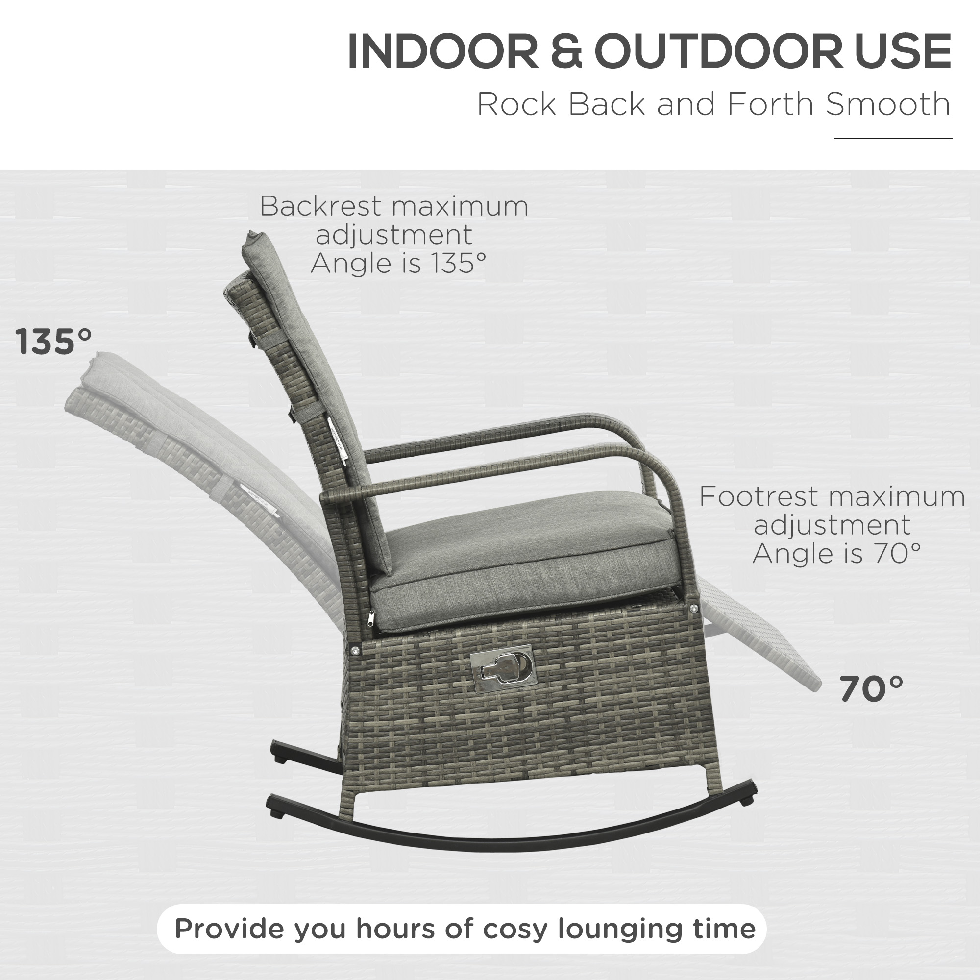 Outdoor Wicker Rocking Chair with Cushion, Patio PE Rattan Recliner Chair with Adjustable Footrest, Armrests, Mixed Grey - Image 3