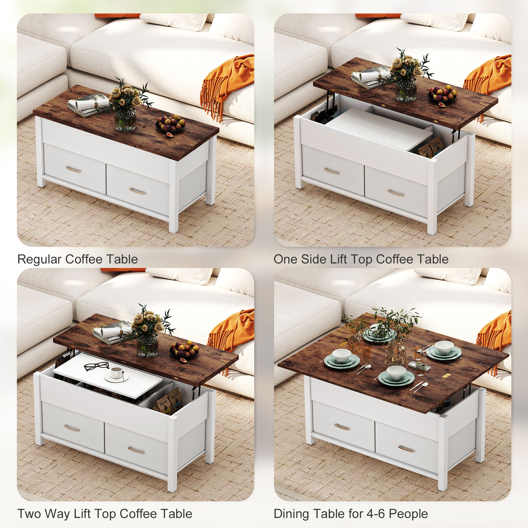Lift Top Coffee Table, Center Table with 3 Hidden Compartments, 2 Fabric Drawers, Expandable Top and Charging Station - Image 3