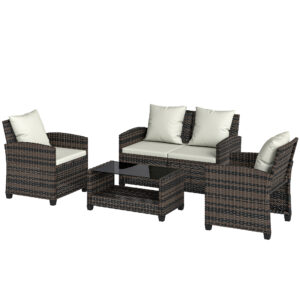 4-Piece Outdoor Wicker Patio Furniture Conversation Set, Includes Loveseat, Chairs and 2-Tier Table with Cushions, Modern Rattan Sofa Set for Backyard, Beige