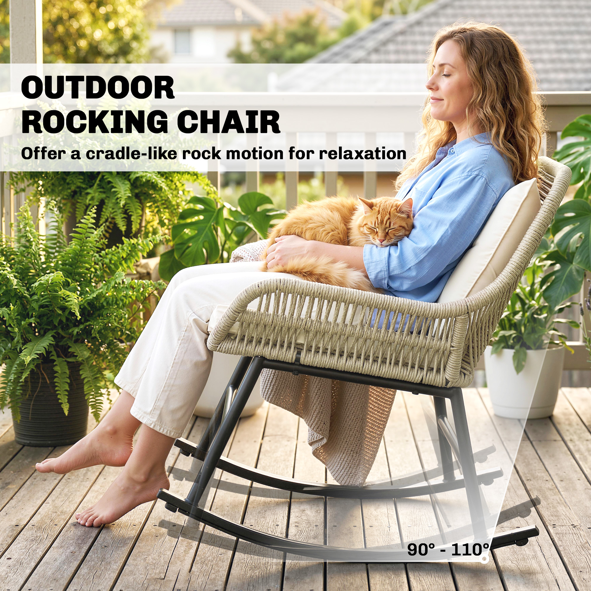 3 Piece Rocking Bistro Set Outdoor Patio Furniture Set with Cushions, Glass Coffee Table for Balcony, Cream White - Image 2