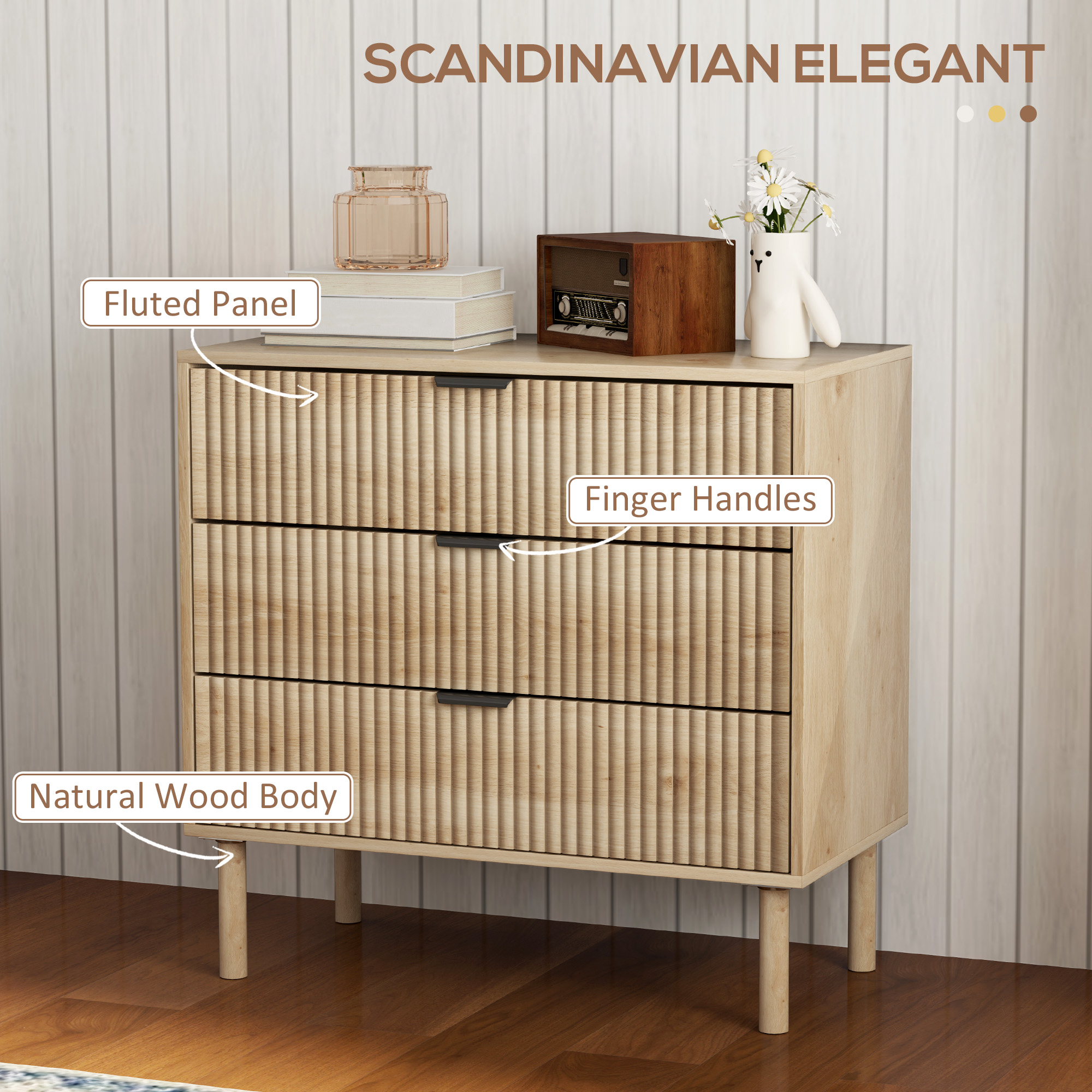 Bedroom Chest of Drawers, 3 Drawer Dresser with Fluted Panels and Solid Wood Legs, Storage Cabinet for Living Room, Oak - Image 2