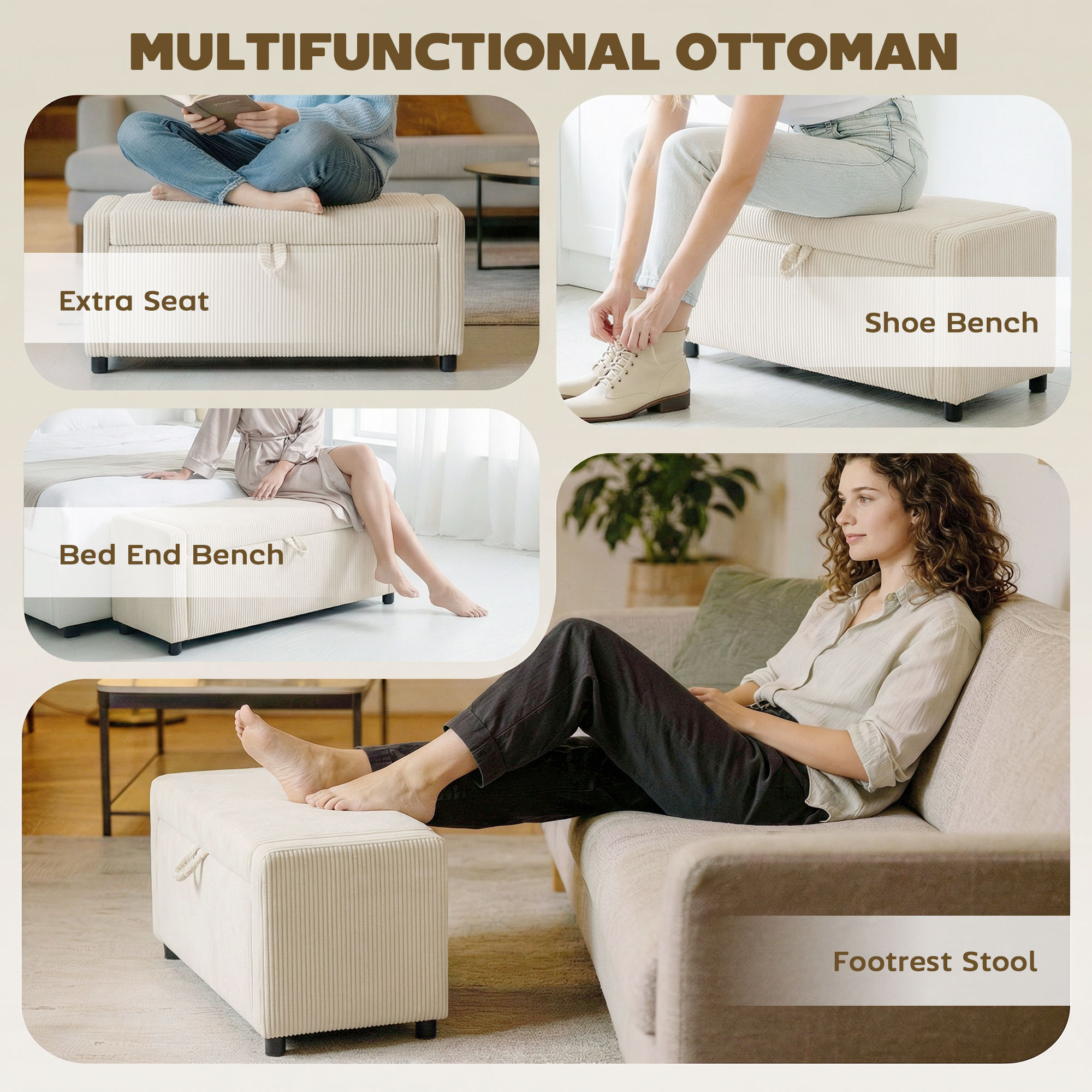 Storage Ottoman, Upholstered Corduroy End of Bed Bench with Thick Padding, Storage Bench for Bedroom, Beige - Image 4