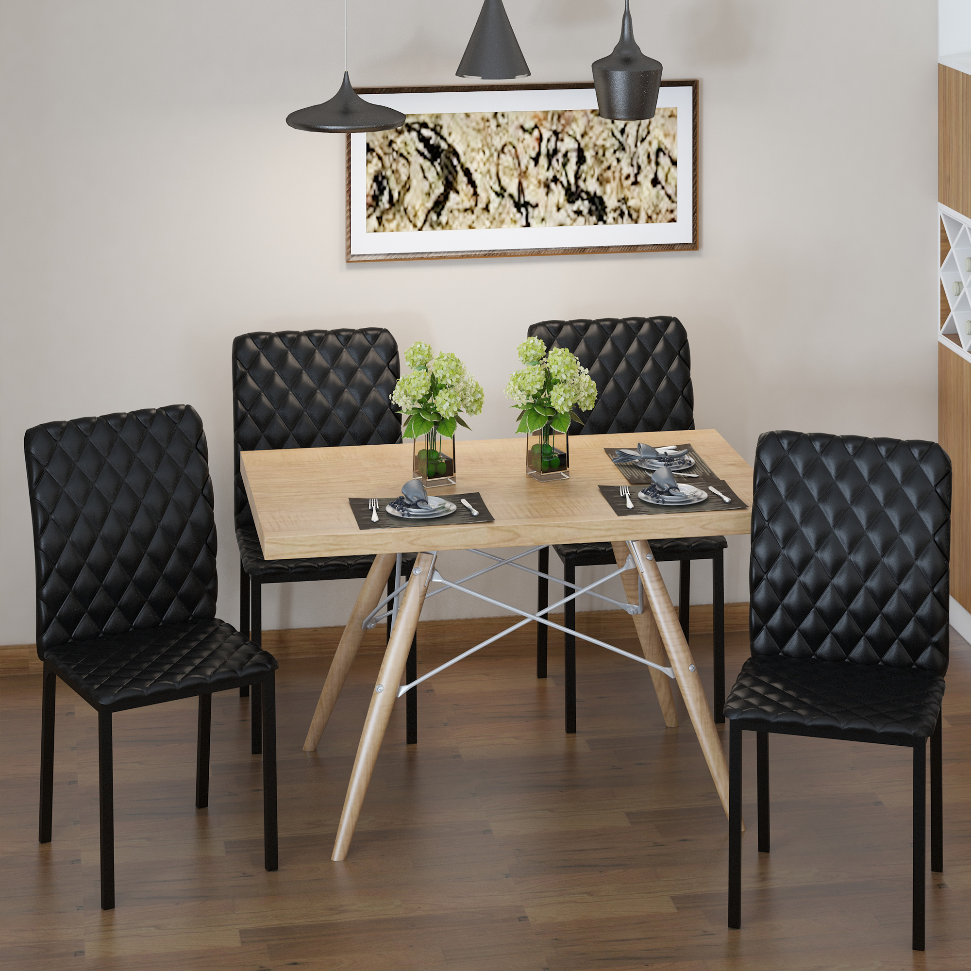 Modern Dining Chairs Set of 4, Upholstered Faux Leather Kitchen Chairs with Rhombic Tufting and Metal Legs for Living Room, Black - Image 6