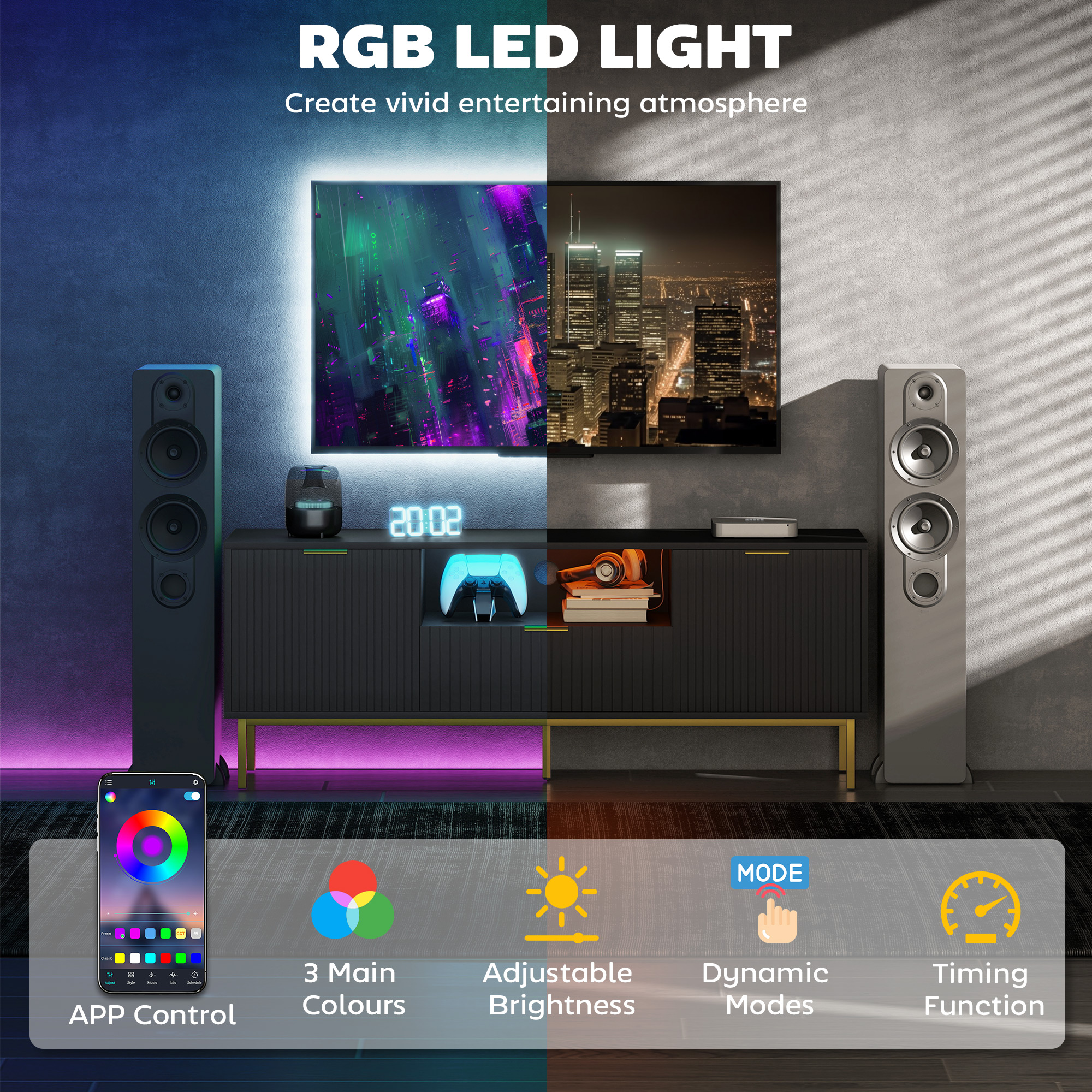 Modern TV Console for TVs up to 60 Inch, Entertainment Center with Smart RGB LED Lights and Soft Close Doors, Black - Image 2