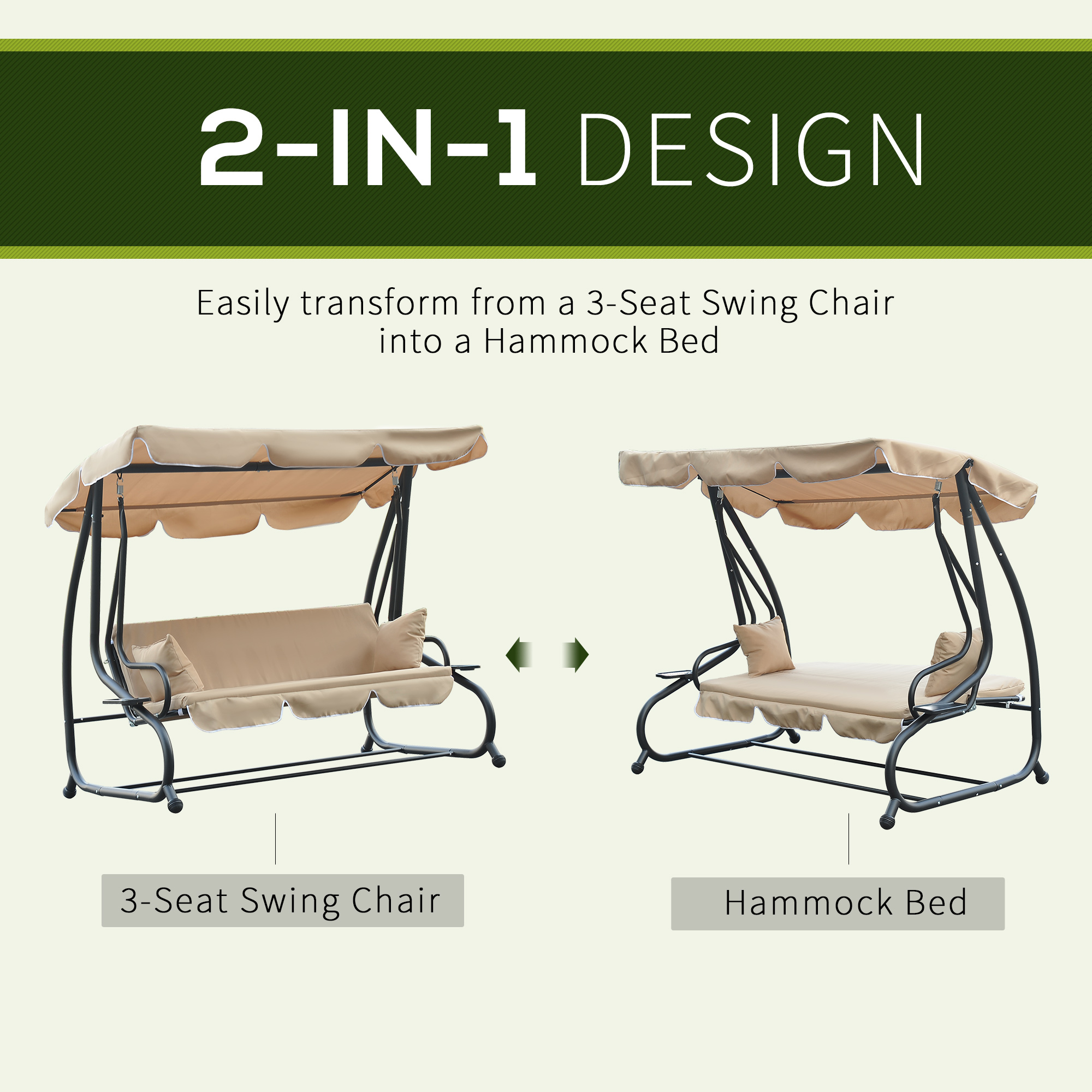 3-Seat Outdoor Patio Swing Chair, 2-in-1 Convertible Flat Bed, Canopy Swing with Adjustable Shade, Removable Cushions, Cup Holder, Beige - Image 2