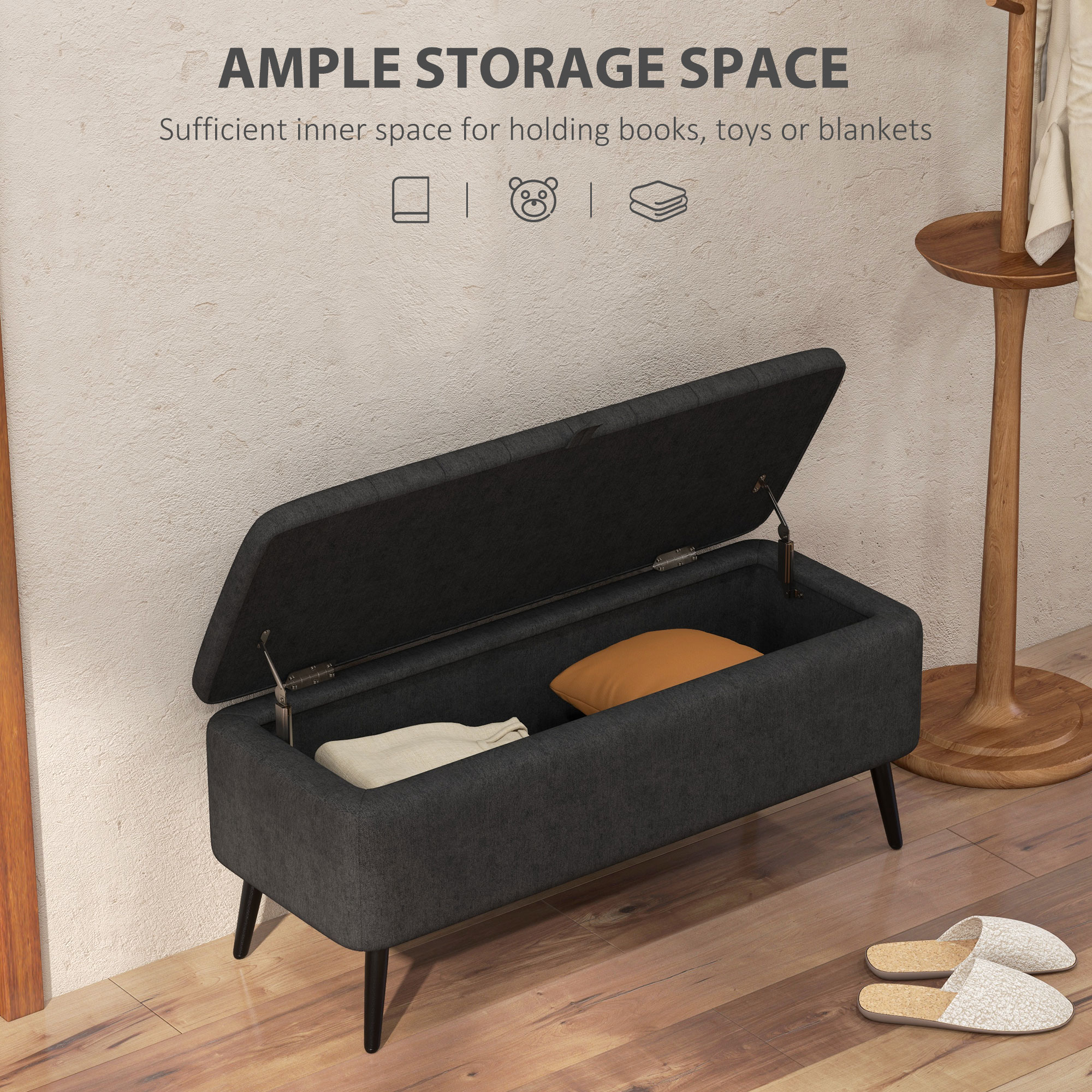 40" Ottoman with Storage, Linen Upholstered Storage Ottoman Bench with Steel Legs for Living Room, Bedroom Black - Image 2