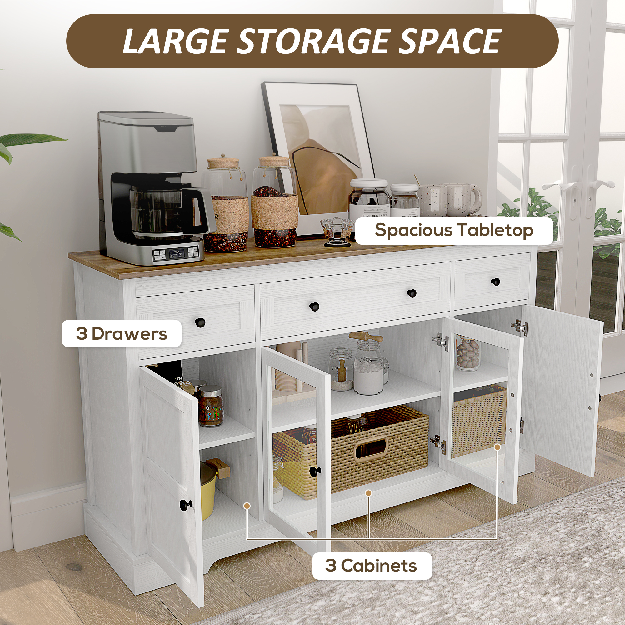 Sideboard Buffet Cabinet with Storage, Coffee Bar Cabinet with Glass Doors and Adjustable Shelves, Distressed White - Image 2