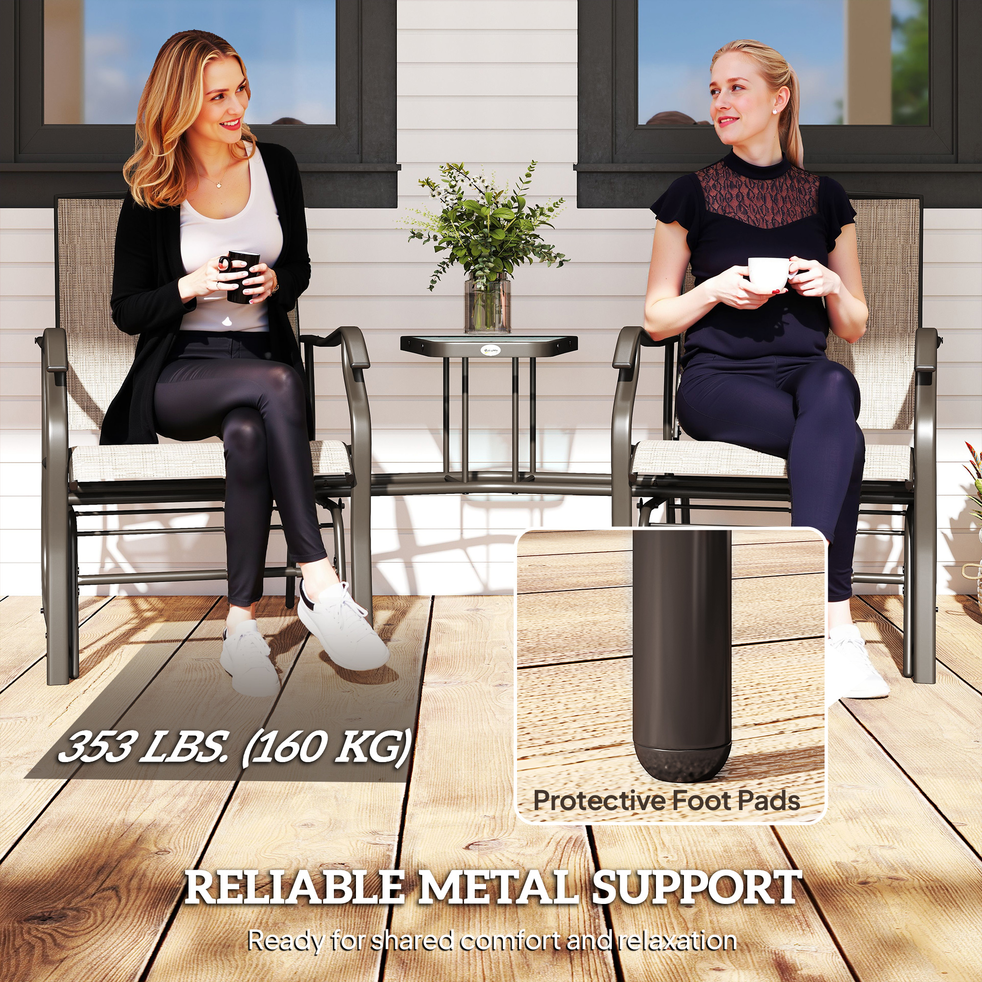 Double Patio Glider Chair with Glass Top Center Table, Outdoor Glider Loveseat with High Back, All Weather Breathable Mesh Fabric for Garden, Backyard, Deck, Light Brown - Image 5