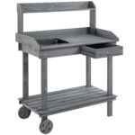 36" Wooden Potting Bench Work Table with 2 Removable Wheels, Sink, Drawer & Large Storage Spaces, Gray