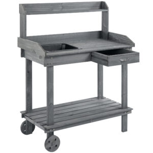 36" Wooden Potting Bench Work Table with 2 Removable Wheels, Sink, Drawer & Large Storage Spaces, Gray