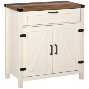 Farmhouse Kitchen Storage Cabinet, Sideboard Buffet Cabinet with 2 Rustic Barn Doors and Drawer, White
