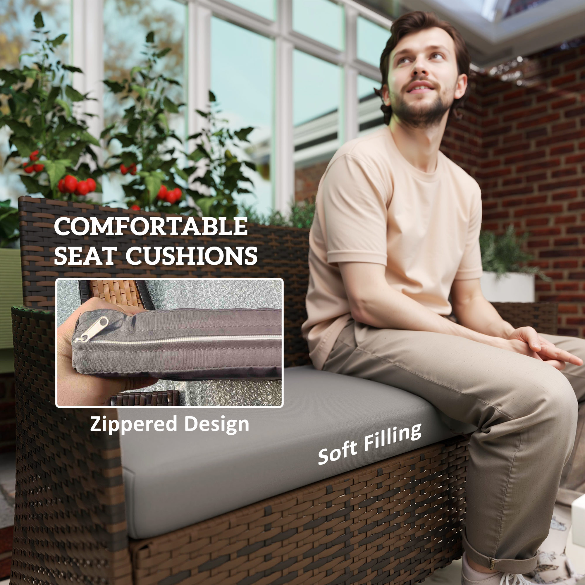 4 Pieces Wicker Outdoor Balcony Furniture Set Rattan Patio Furniture Set with Loveseat Chairs Glass Coffee Table Grey - Image 3