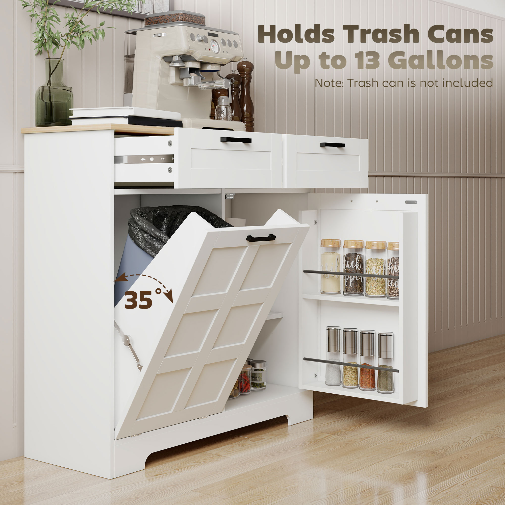 13 Gallon Tilt Out Garbage Cabinet, Kitchen Island with Trash Cabinet, 2 Drawers, Door Racks, Adjustable Shelves, White - Image 2