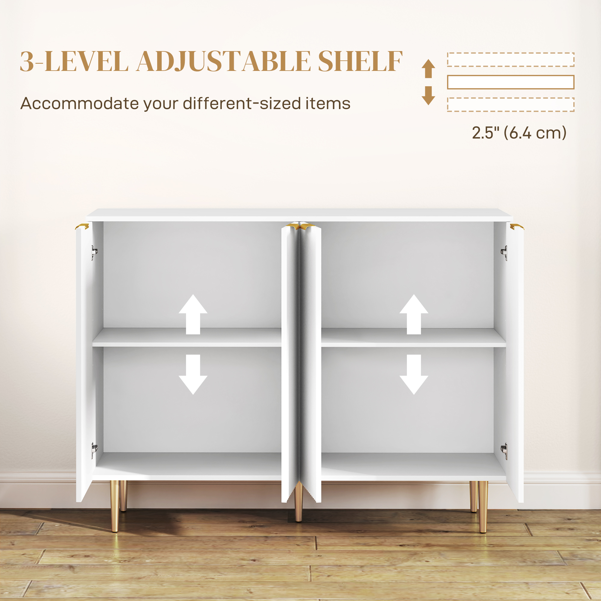 Modern Kitchen Storage Cabinet, Sideboard Buffet Cabinet with Adjustable Shelves for Kitchen Hallway, White - Image 3
