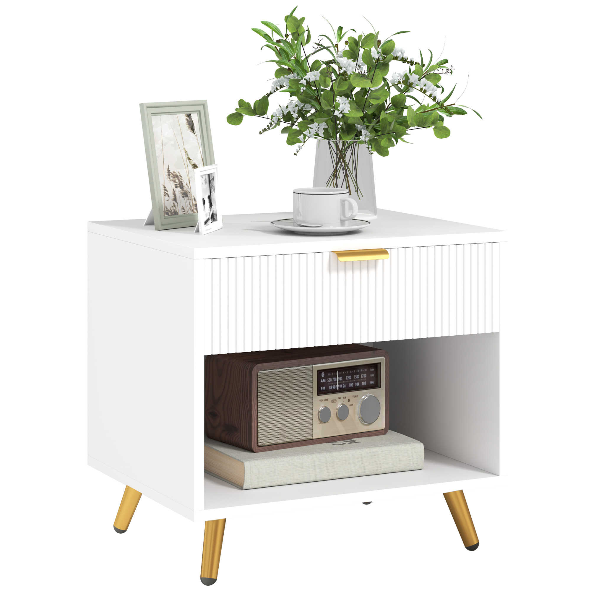 Nightstand with Fluted Panel, Bedside Table with Drawer and Open Compartment, Modern Night Table for Bedroom, White