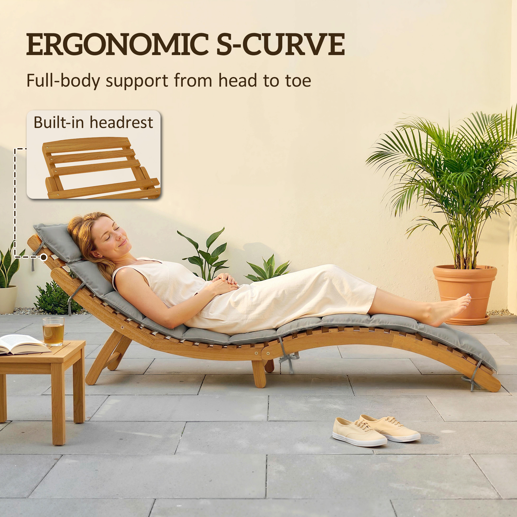 Folding Chaise Lounge Chair Outdoor, Acacia Wood Lounger Tanning Chair with Cushion, Headrest, Light Grey - Image 3