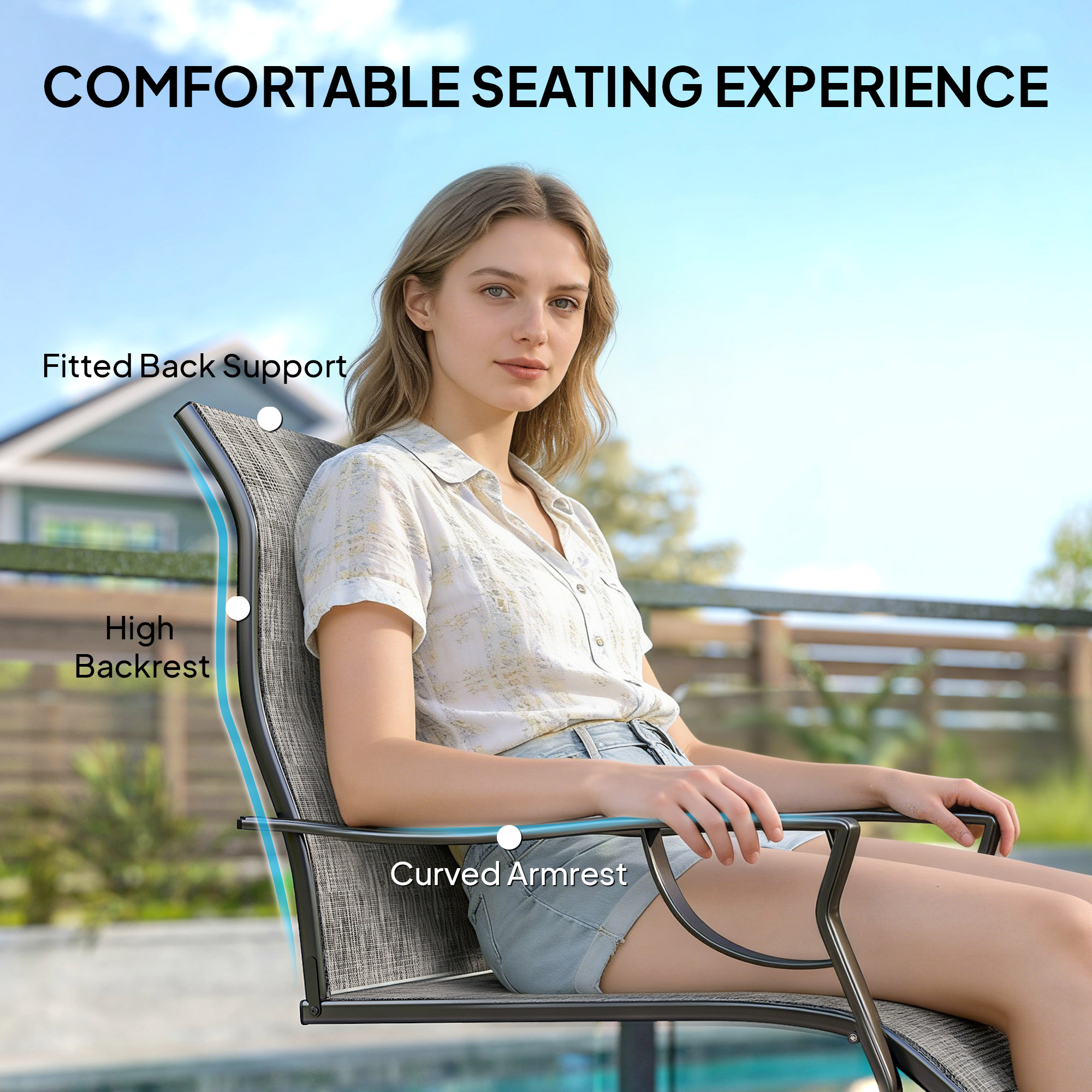 C Spring Motion Patio Chairs Set of 2 with Curved High Backrest, Armrest, All Weather Breathable Fabric, Metal Frame - Image 3