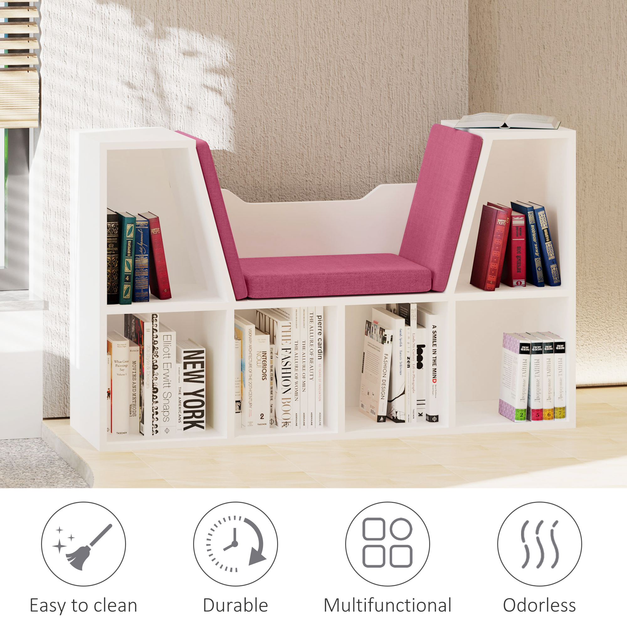 6-Cubby Bookcase with Seat Cushion, Cube Storage Shelf with Reading Nook for Home Office, Study, Pink - Image 6