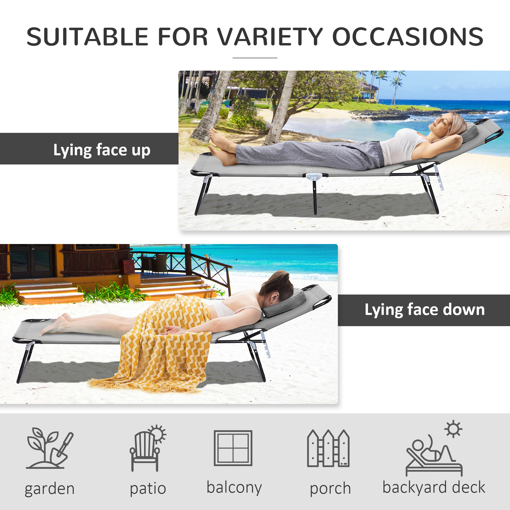 Adjustable Outdoor Lounge Chair, Garden Folding Chaise Lounge with Face Hole Reclining Tanning Chair Seat, Folding Camping Beach Lounging Bed w/ Support Pillow, Grey - Image 3