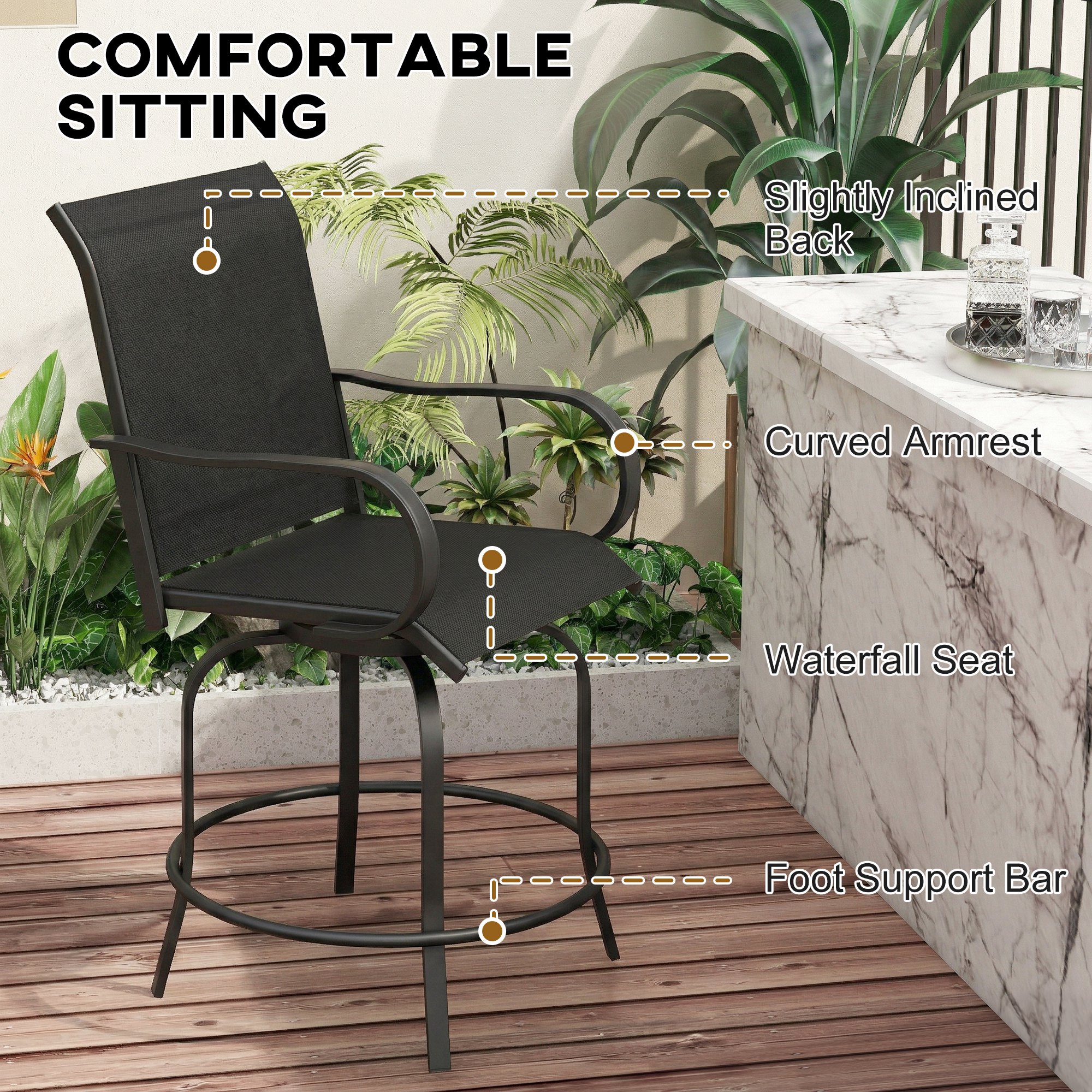 Outdoor Bar Stools Set of 2, 360° Swivel Bar Height Chairs, 26.8" x 29.5" x 48.4", Black - Image 3