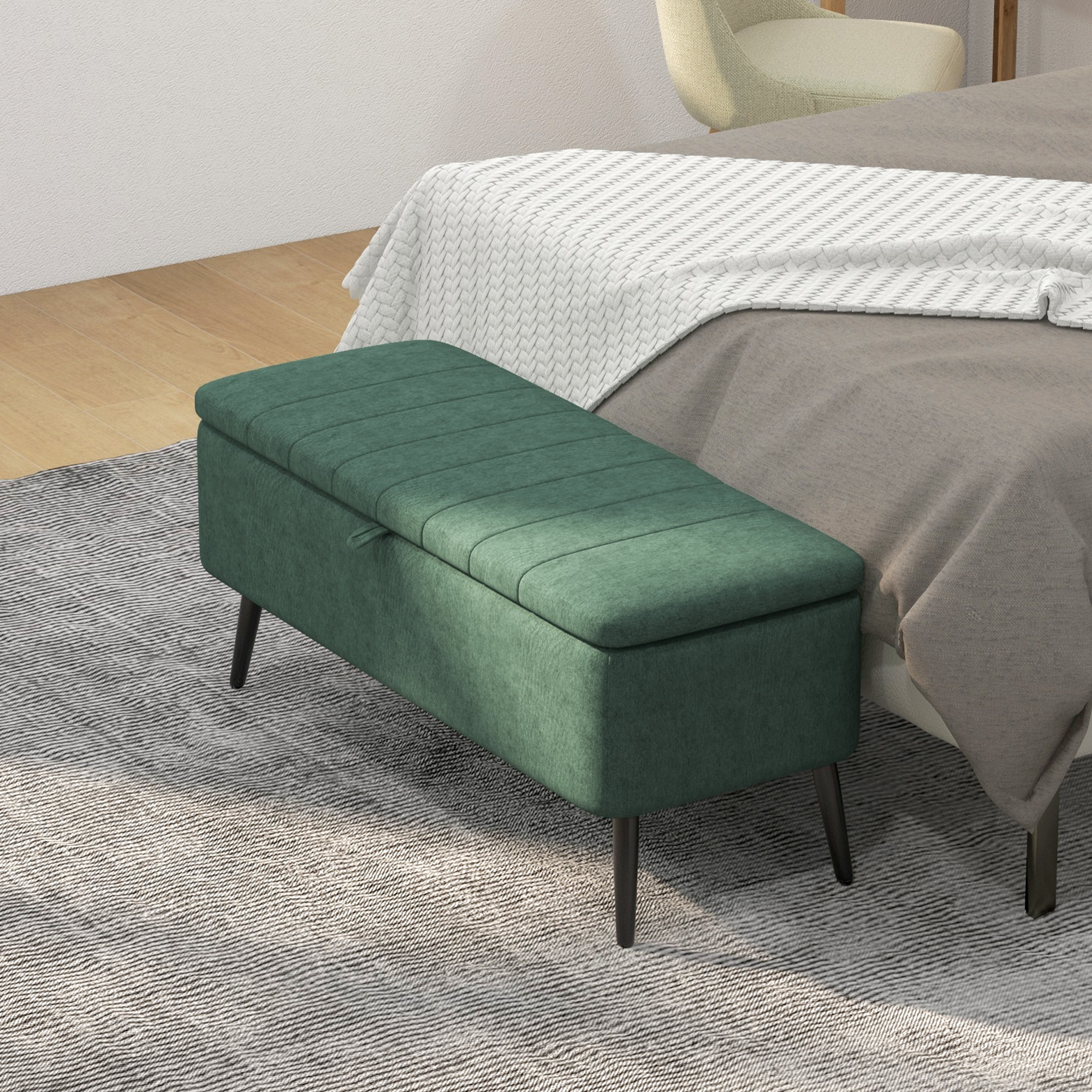 40" Ottoman with Storage, Linen Upholstered Storage Ottoman Bench with Steel Legs for Living Room, Bedroom Dark Green - Image 5