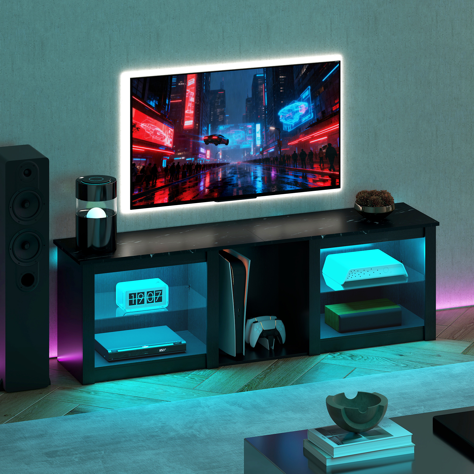 TV Stand with LED Lights, Modern Entertainment Center with Adjustable Glass Shelves, for TVs up to 70 Inch, Black - Image 6