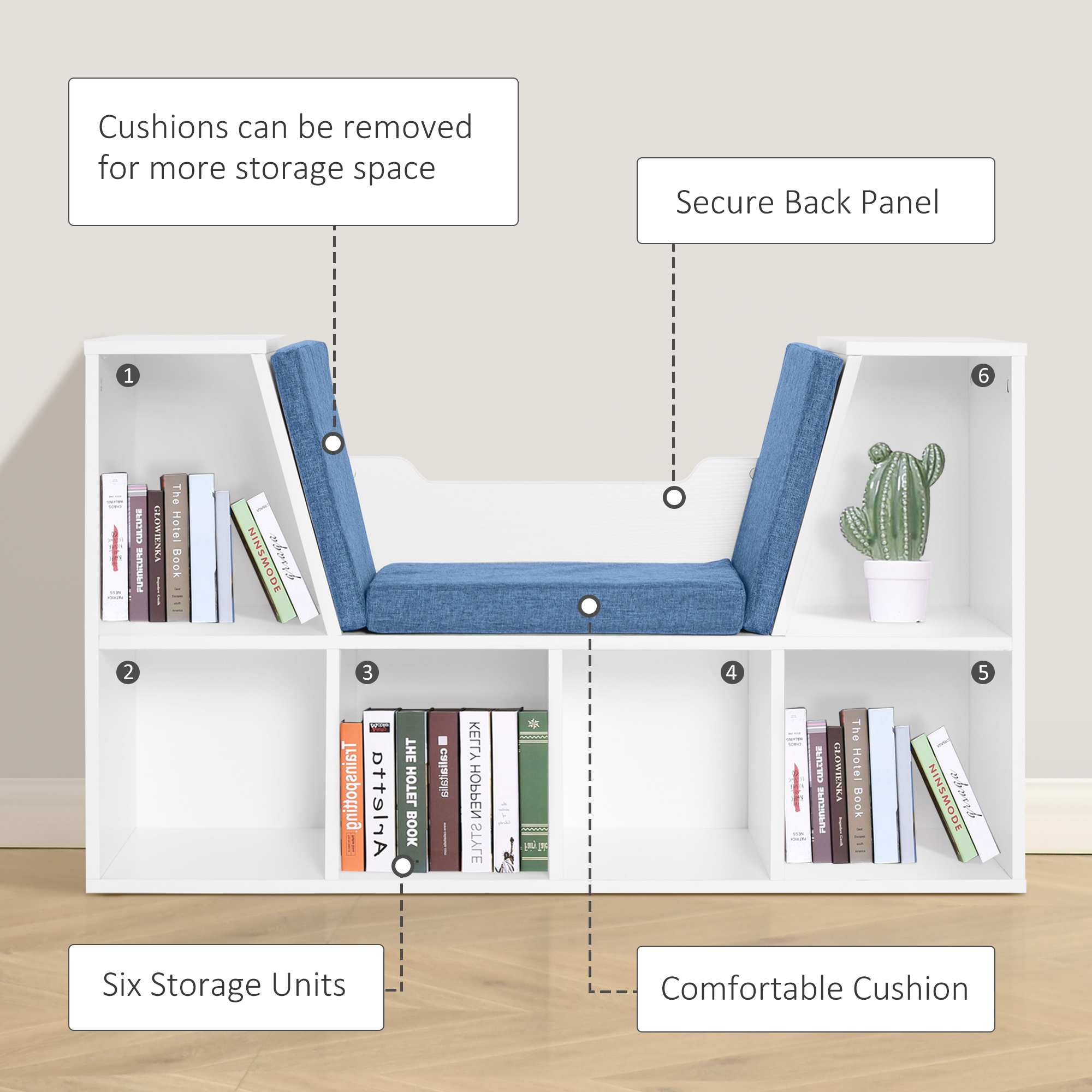 6-Cubby Bookcase with Seat Cushion, Cube Storage Shelf with Reading Nook for Home Office, Study, Blue - Image 5